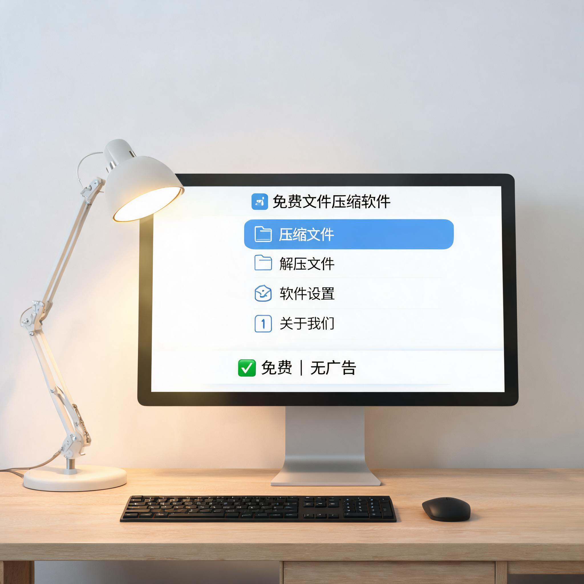 电脑桌上的电脑，屏幕显示免费文件压缩软件官方菜单，旁边放着台灯
