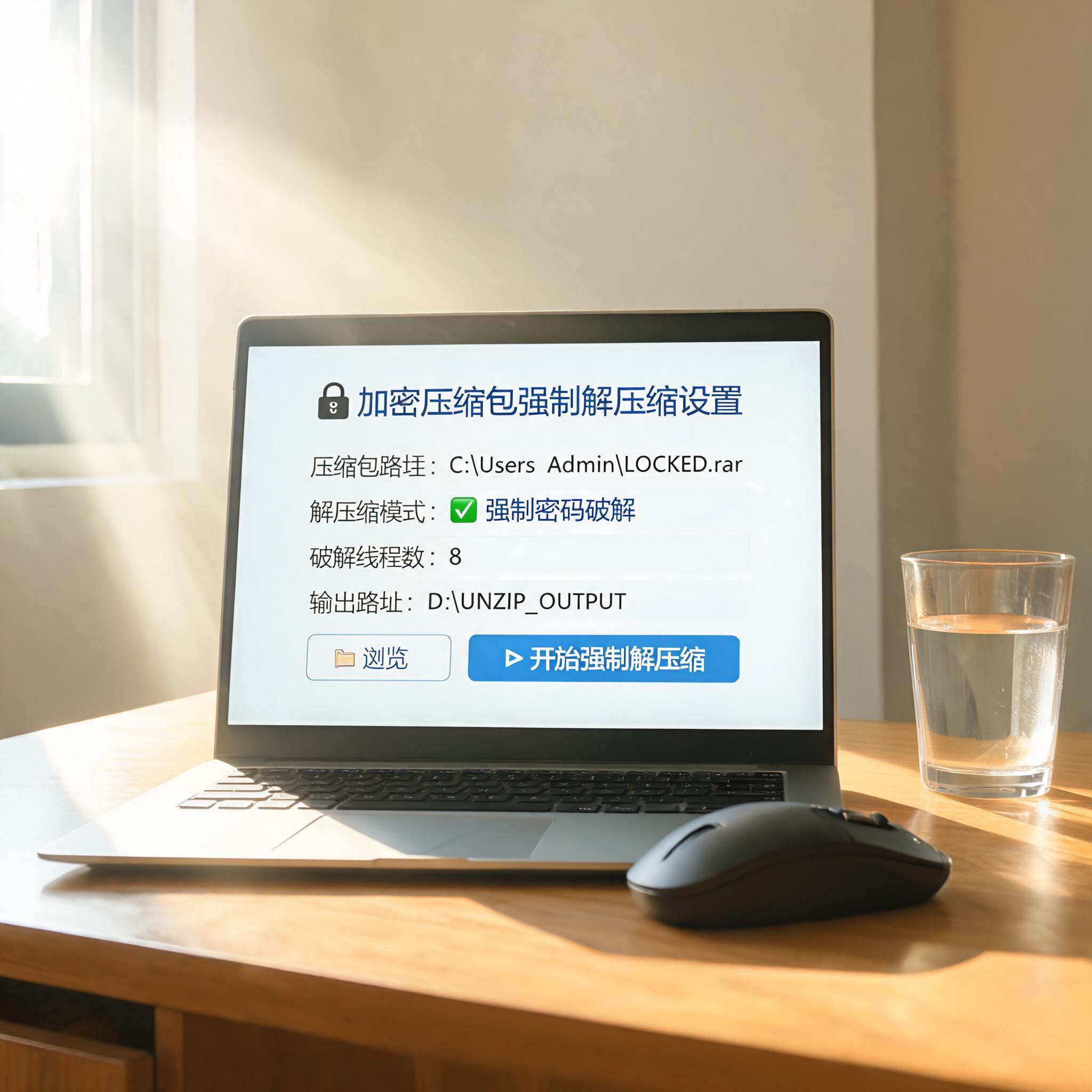 书桌上的电脑，屏幕显示加密压缩包强制解压缩设置界面，桌角放着水杯，自然光