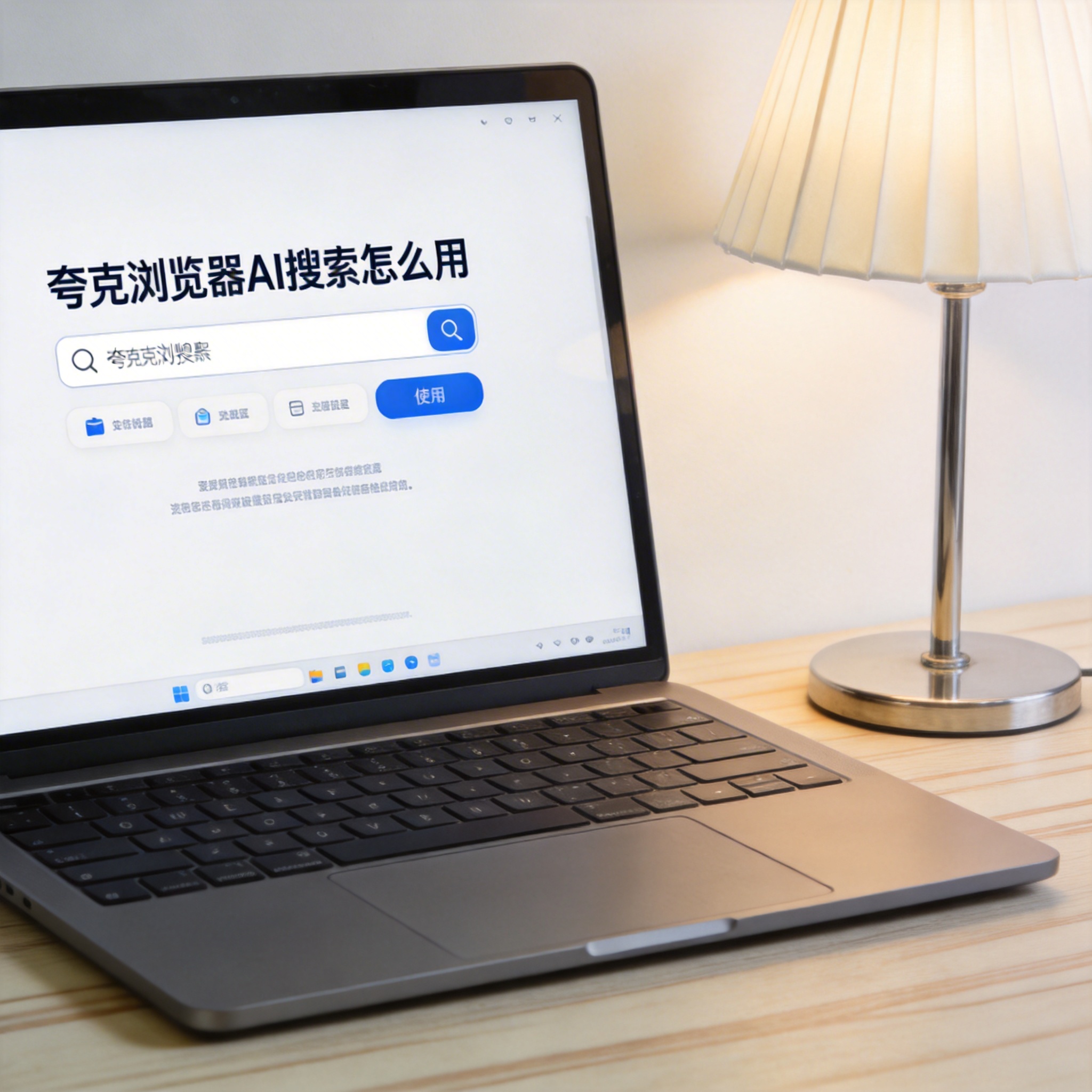 电脑桌上的电脑，屏幕显示夸克浏览器 AI 搜索怎么用界面，旁边放着台灯