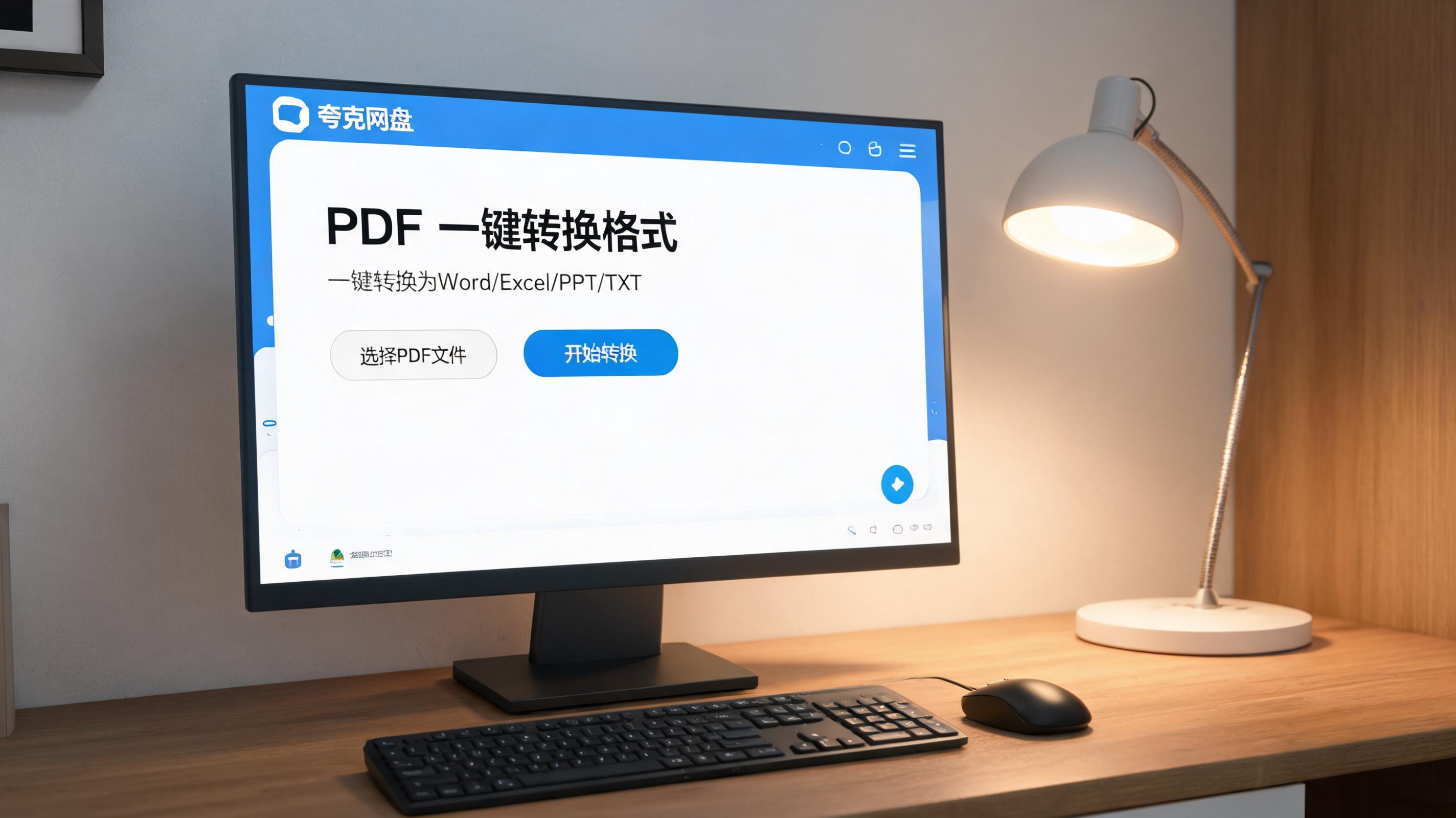 电脑桌上的电脑，屏幕显示夸克网盘 PDF 一键转换格式界面，旁边放着台灯