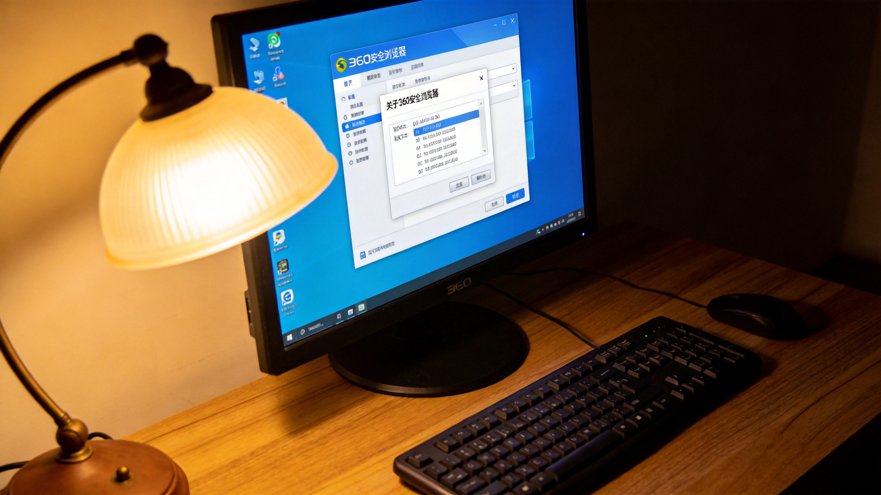 桌面的台式电脑，屏幕显示360安全浏览器的设置界面，打开“关于360安全浏览器”选项，台灯暖光