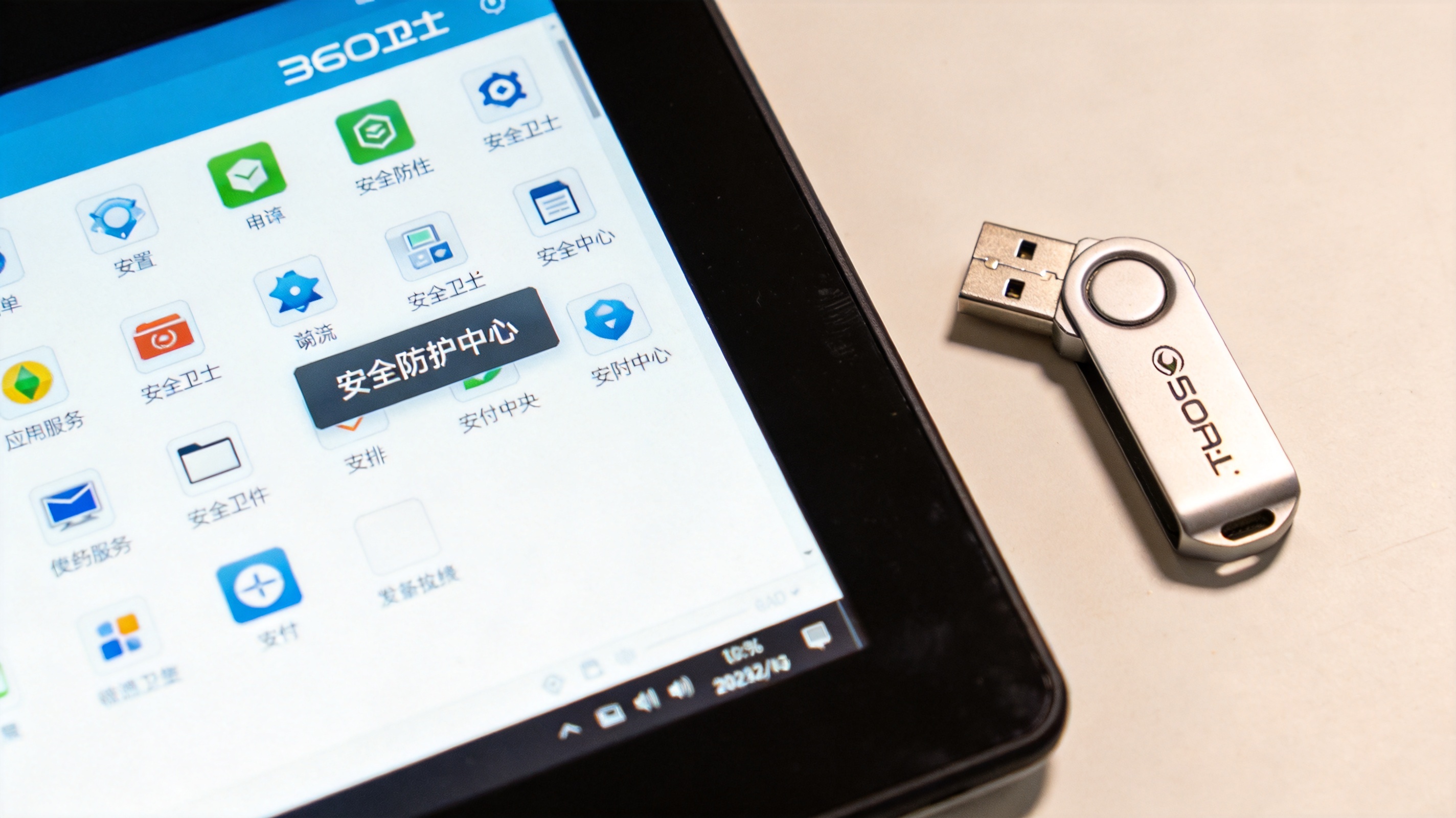 电脑桌面显示360卫士主界面，界面上有“安全防护中心”入口，旁边放着U盘，室内自然光