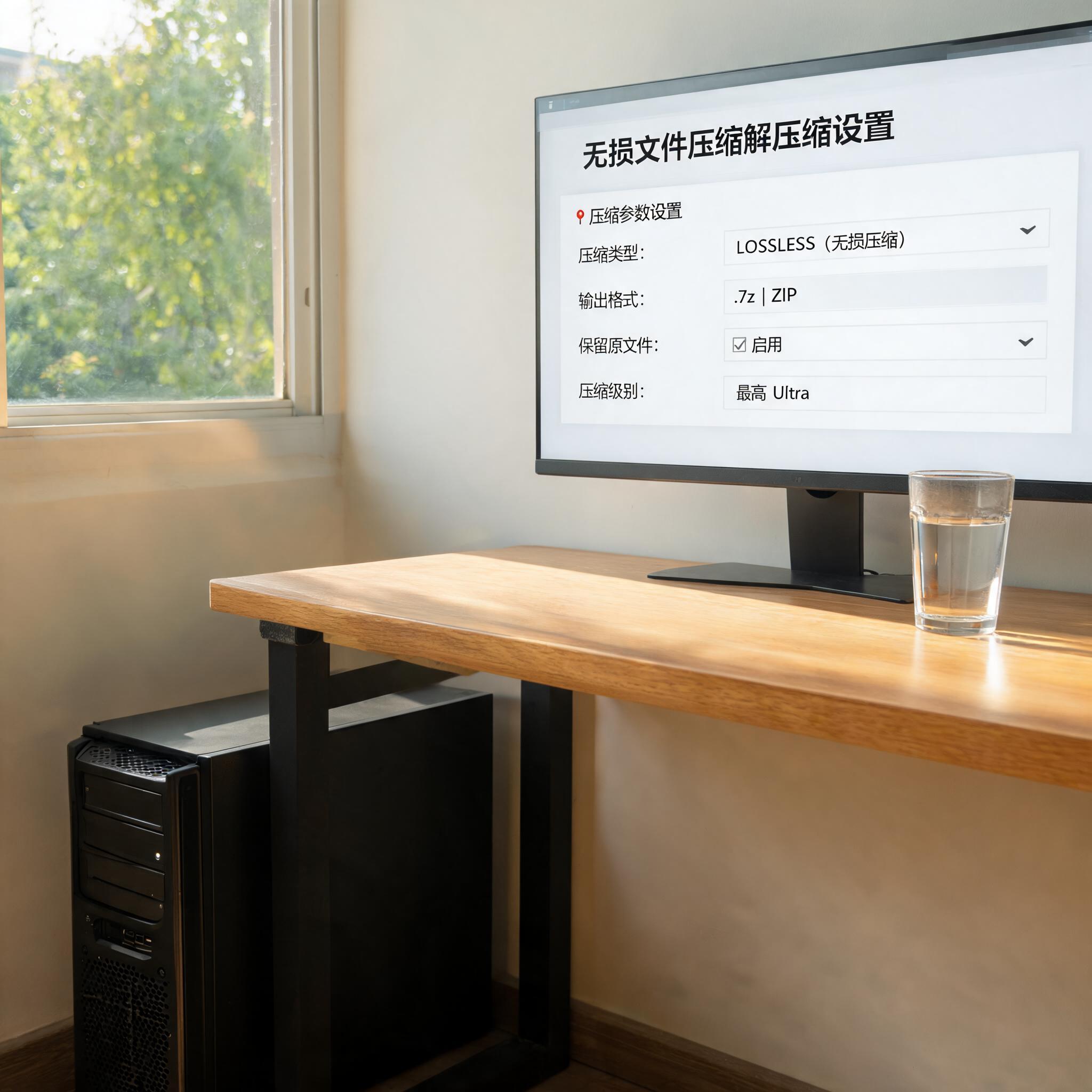 书桌上的主机，屏幕显示无损文件压缩解压缩设置界面，桌角放着水杯，自然光