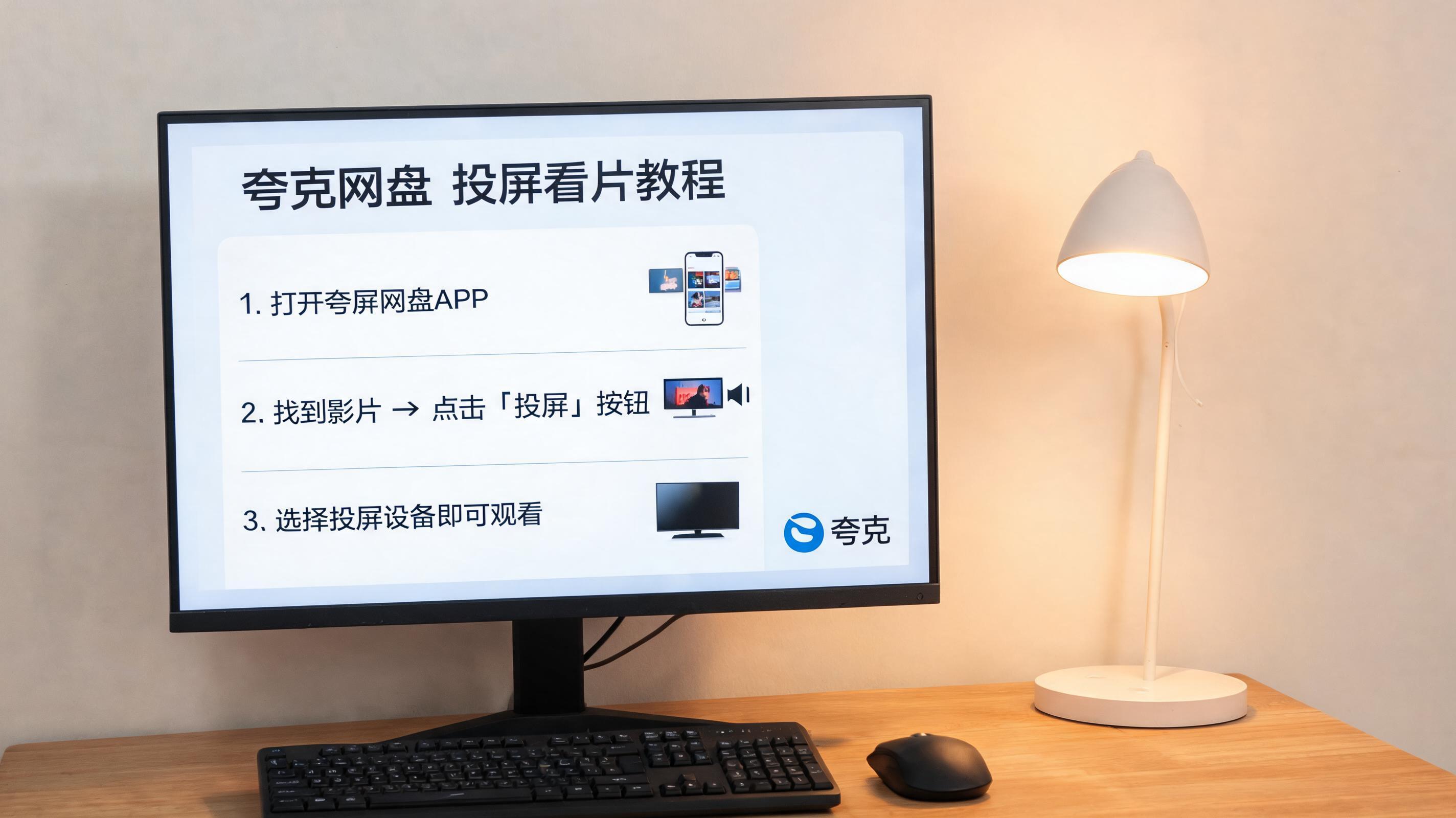 电脑桌上的屏幕，屏幕显示夸克网盘投屏看片教程界面，旁边放着台灯