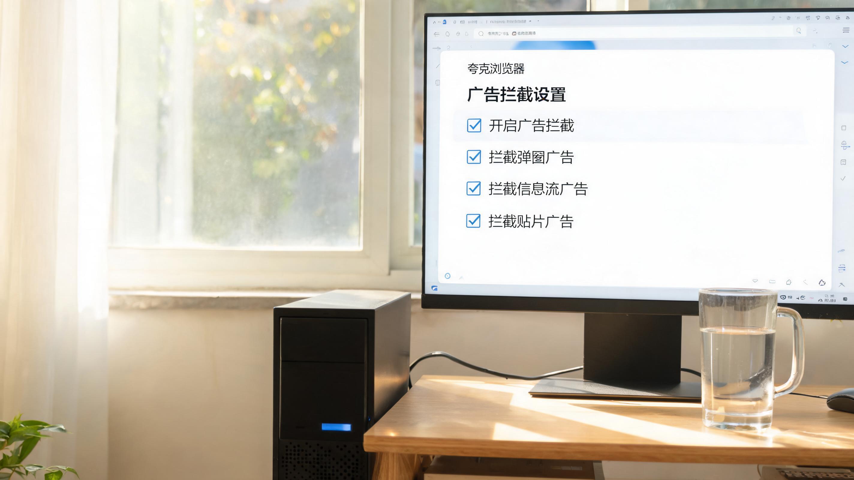 书桌上的主机，屏幕显示夸克浏览器广告拦截设置设置界面，桌角放着水杯，自然光