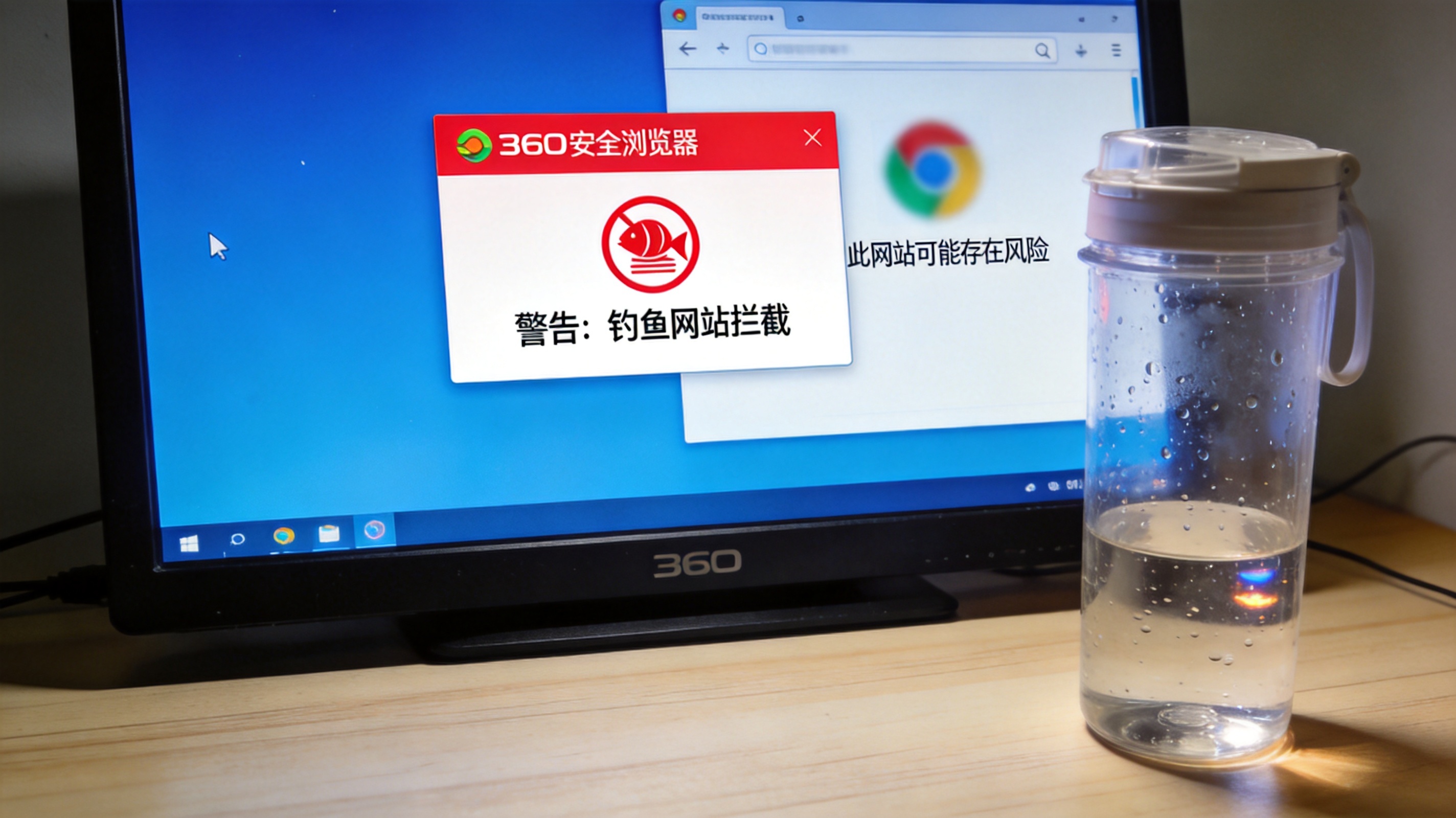 电脑屏幕显示360安全浏览器的红色钓鱼网站拦截弹窗，旁边Chrome浏览器界面显示模糊风险提示，桌面放着塑料水杯