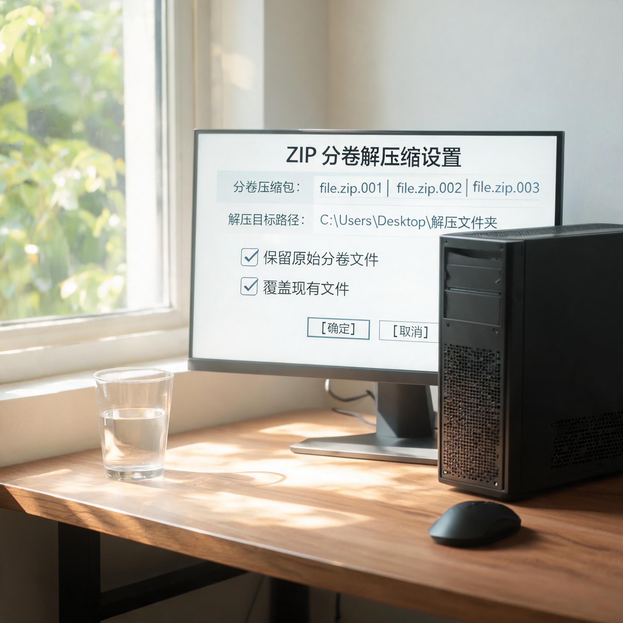 书桌上的主机，屏幕显示zip 分卷压缩文件解压缩设置界面，桌角放着水杯，自然光