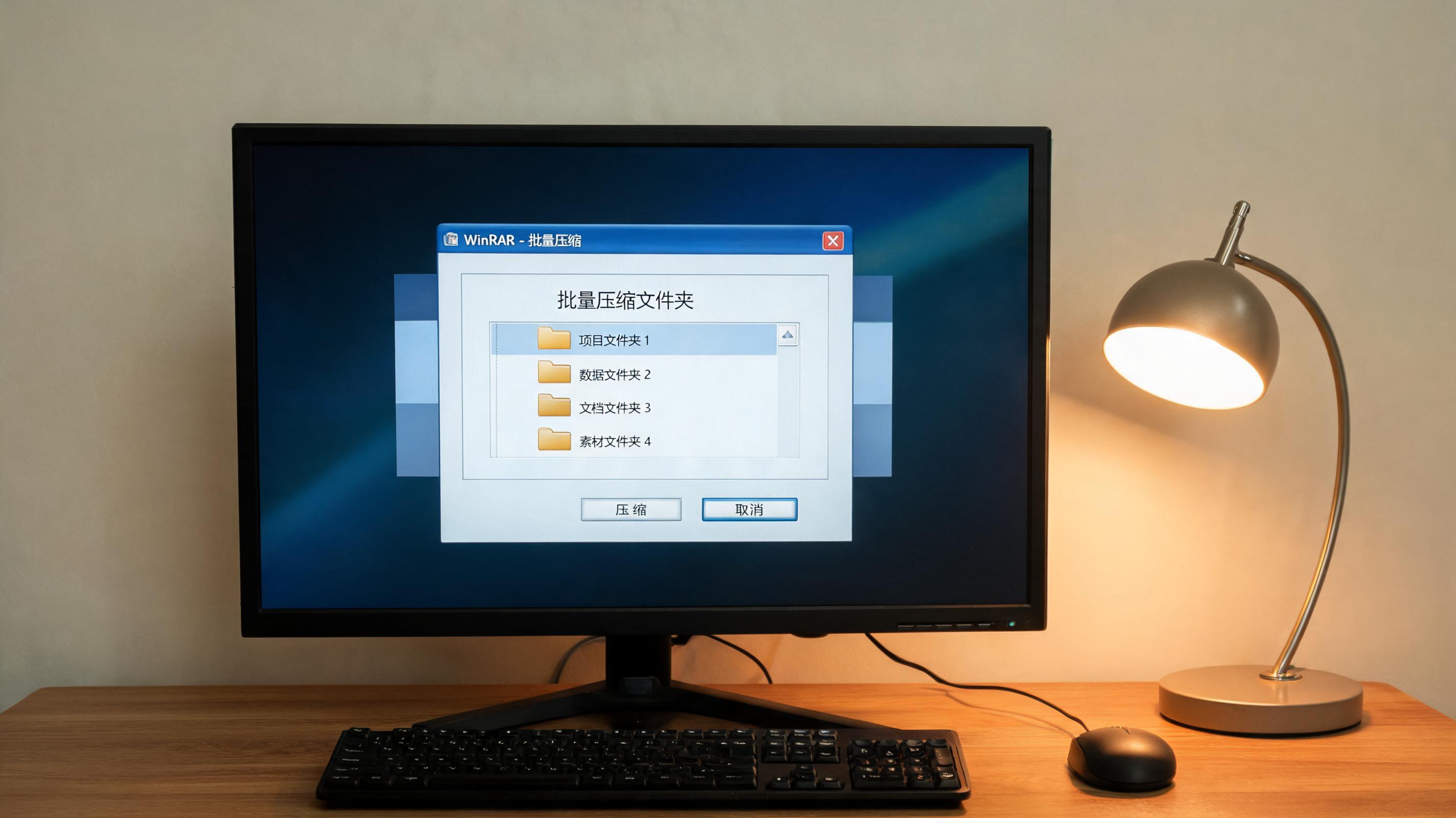 电脑桌上的电脑，屏幕显示批量文件文件夹压缩窗口，旁边放着台灯
