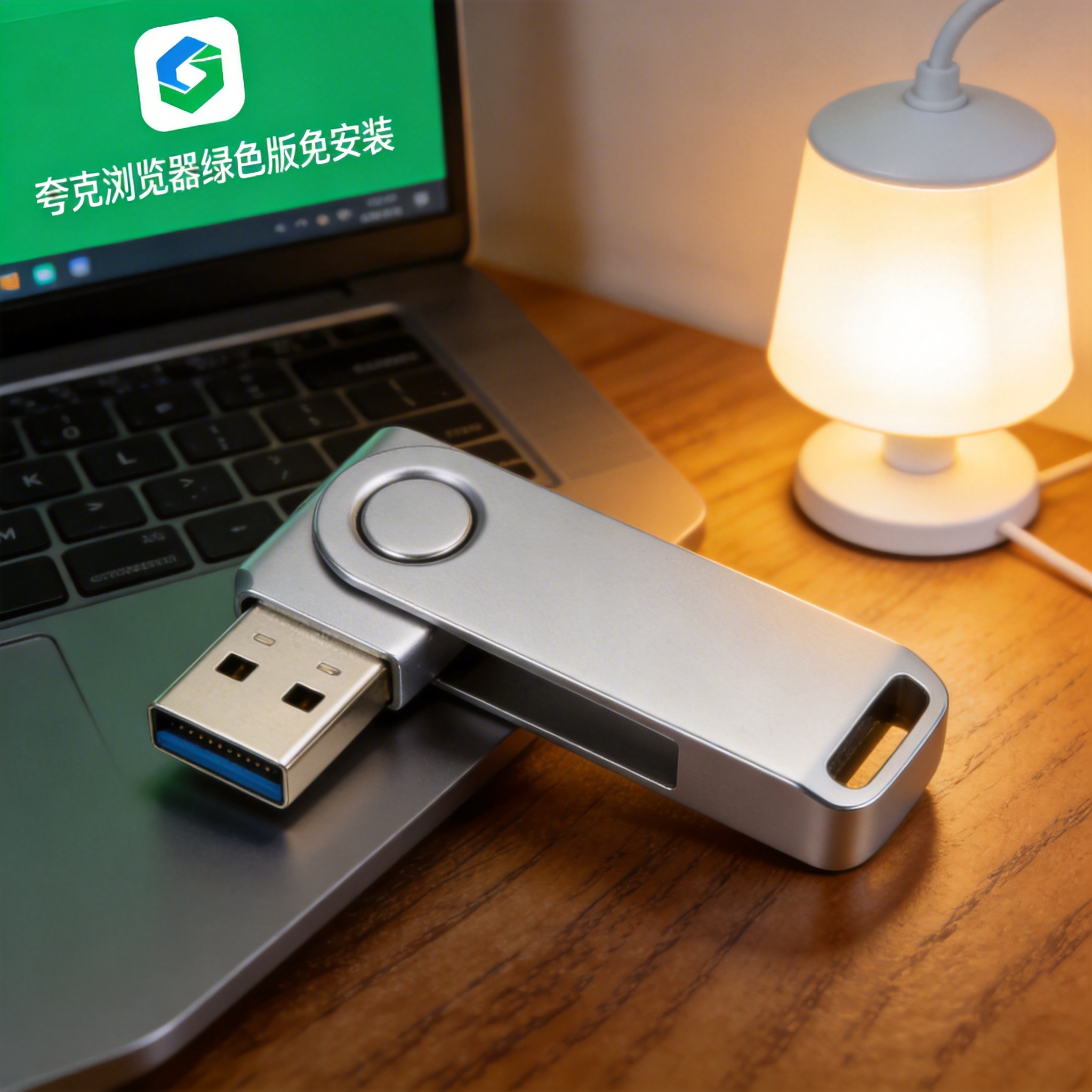 电脑桌上的U盘，屏幕显示夸克浏览器绿色版免安装界面，旁边放着台灯