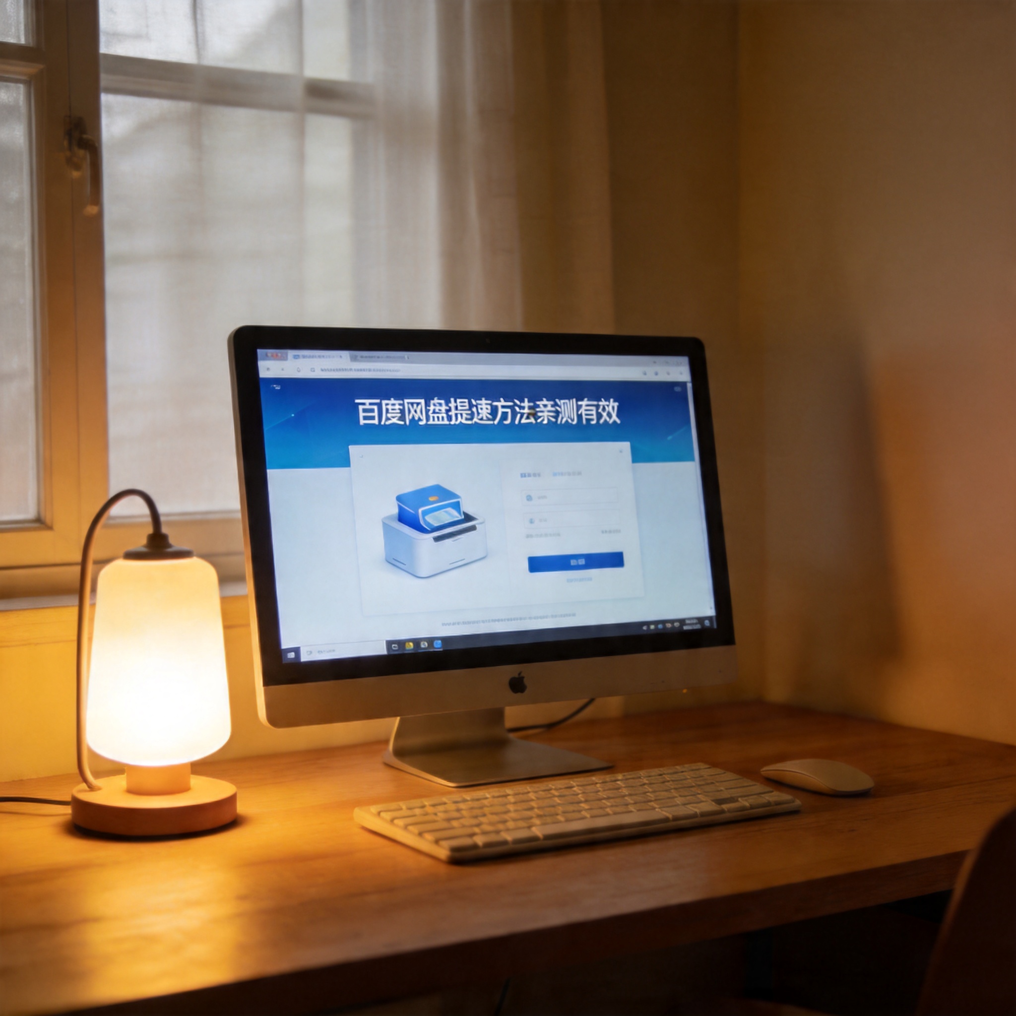 电脑桌上的电脑，屏幕显示百度网盘提速方法亲测有效界面，旁边放着台灯