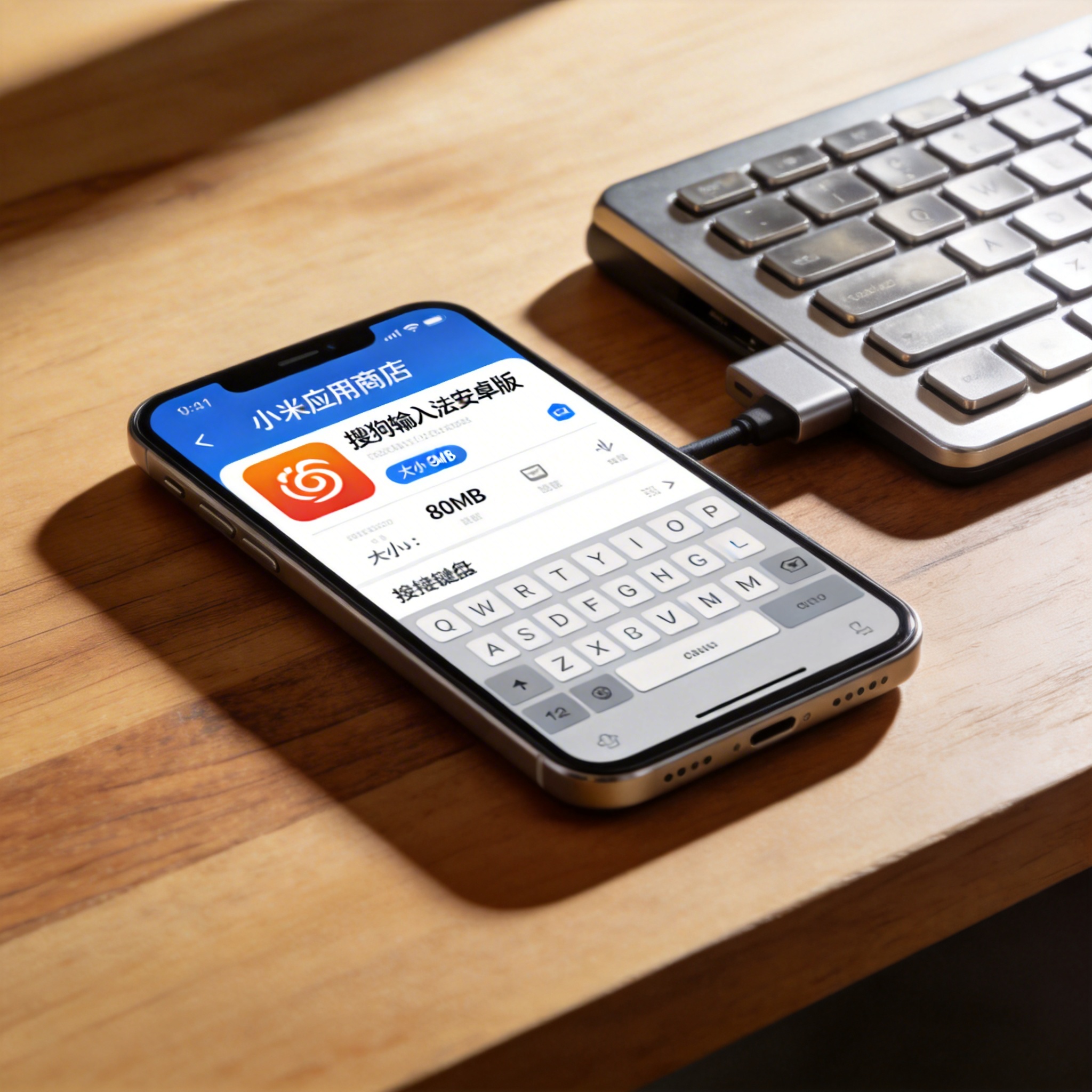 桌面放着安卓手机，屏幕显示小米应用商店界面，搜狗输入法安卓版安装包显示大小80MB，旁边放着外接键盘，室内自然光