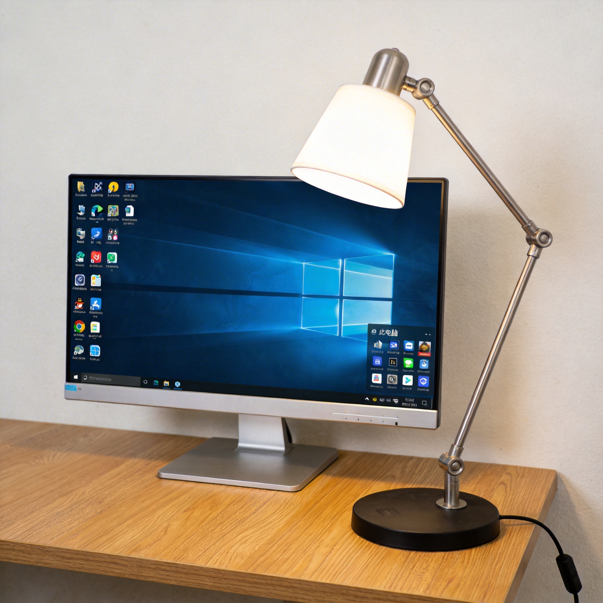 电脑桌上的电脑，屏幕显示Windows桌面，旁边放着台灯