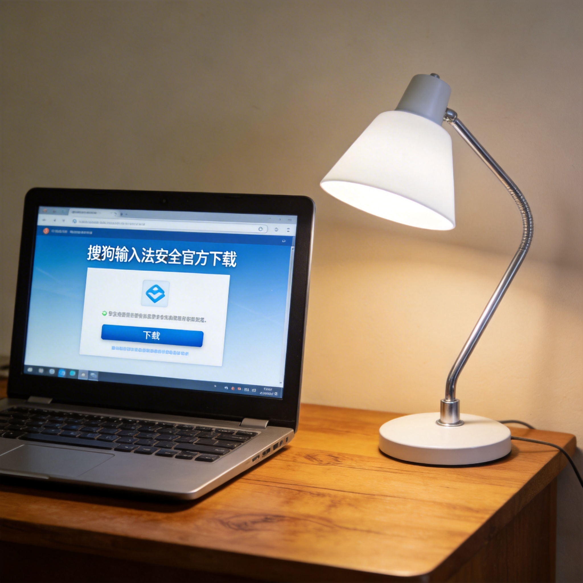 电脑桌上的电脑，屏幕显示搜狗输入法安全官方下载界面，旁边放着台灯