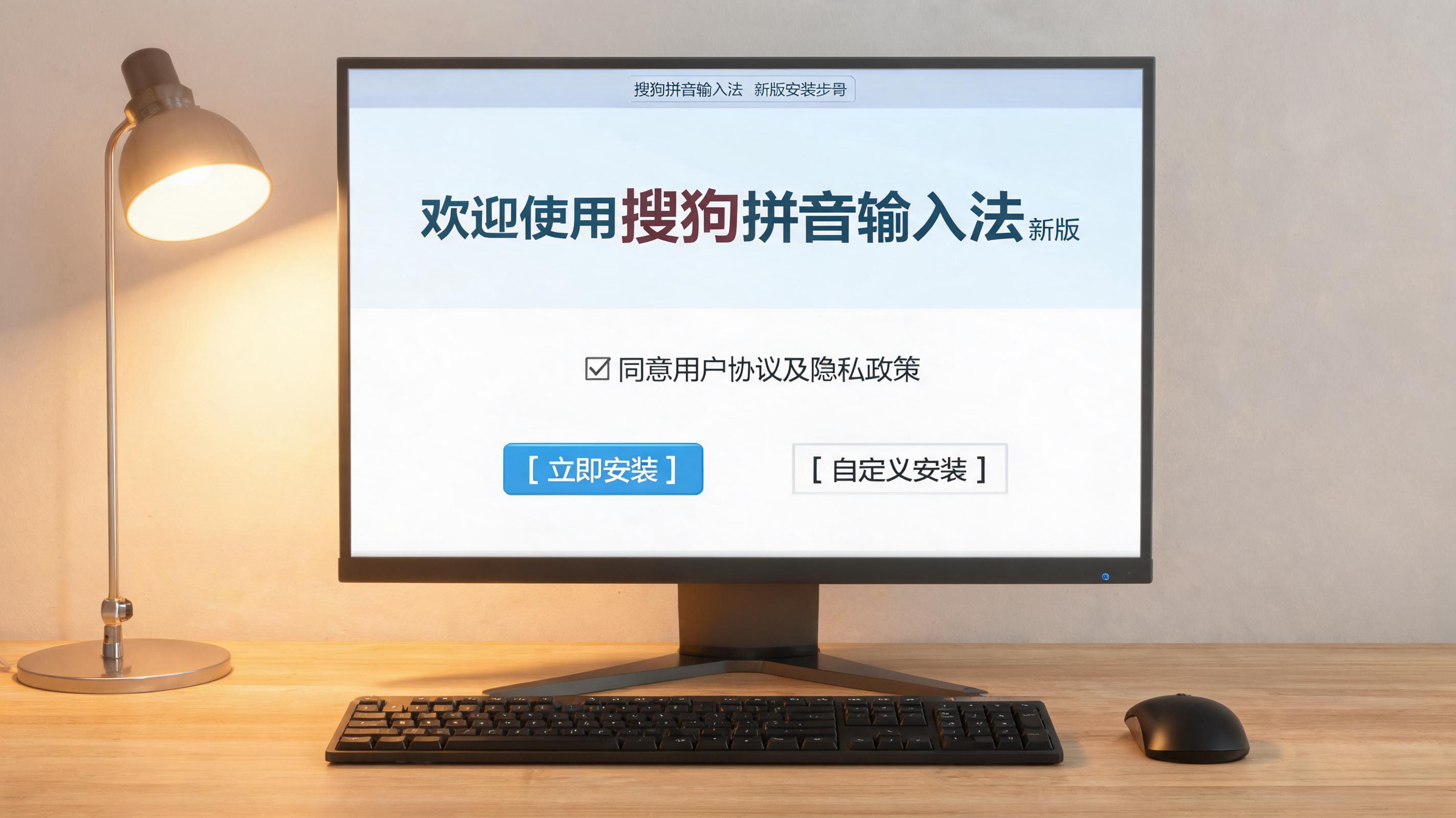 电脑桌上的电脑，屏幕显示搜狗拼音输入法新版安装界面，旁边放着台灯