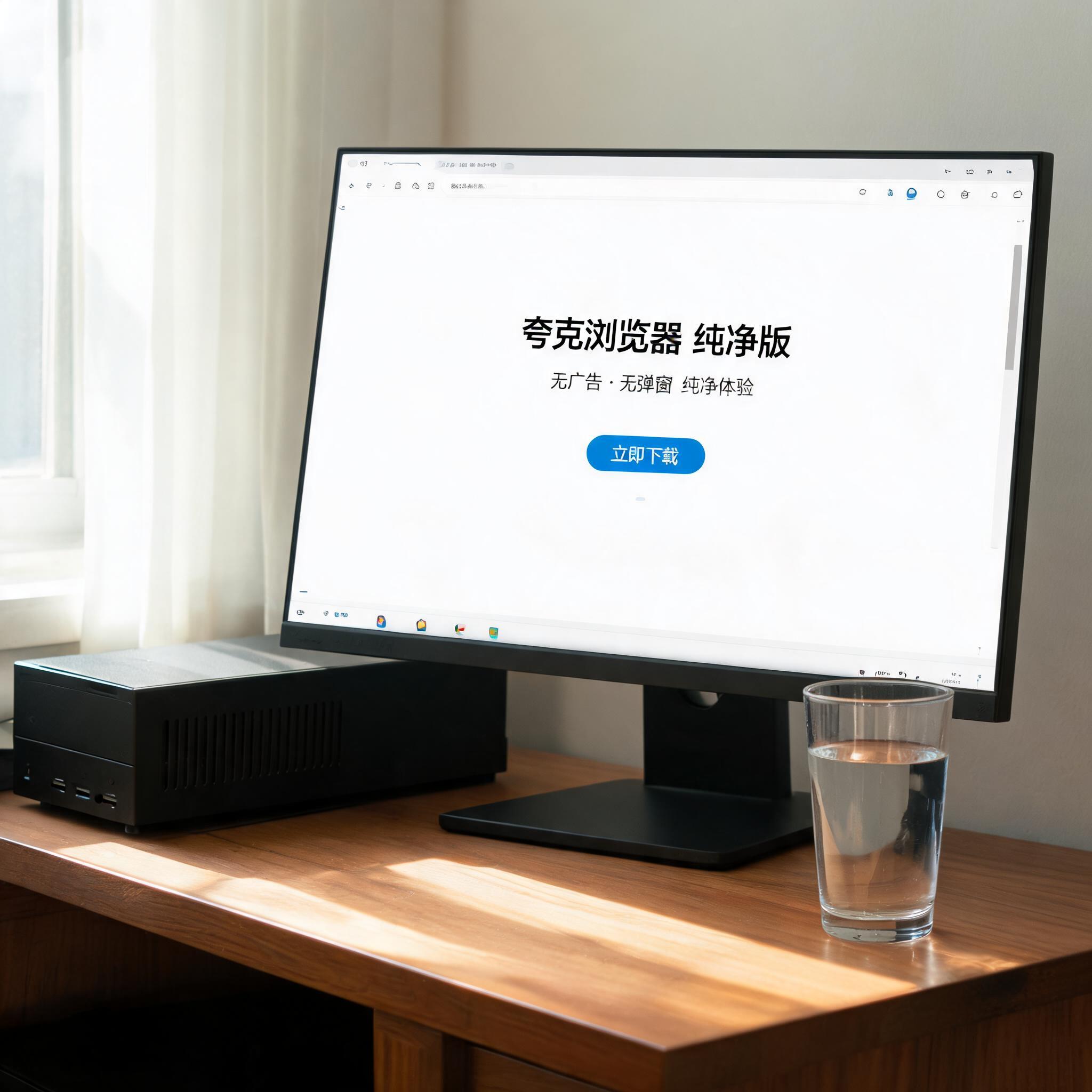 书桌上的主机，屏幕显示夸克浏览器纯净版无广告下载设置界面，桌角放着水杯，自然光