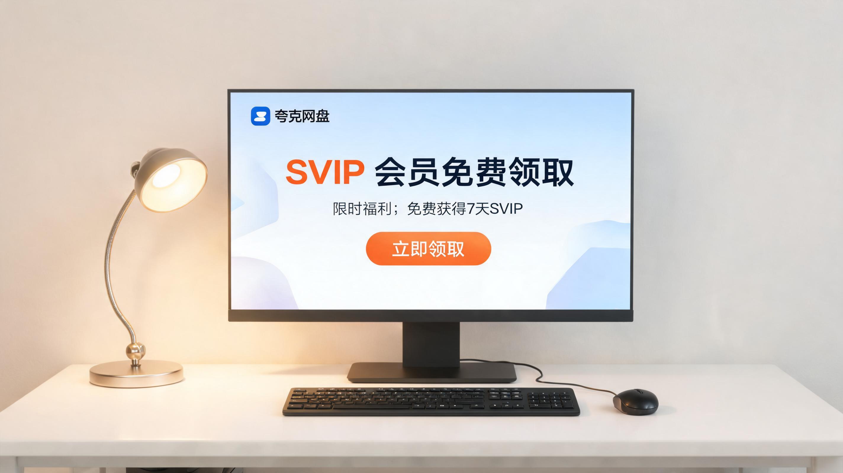 电脑桌上的电脑，屏幕显示夸克网盘 SVIP 会员免费领取界面，旁边放着台灯