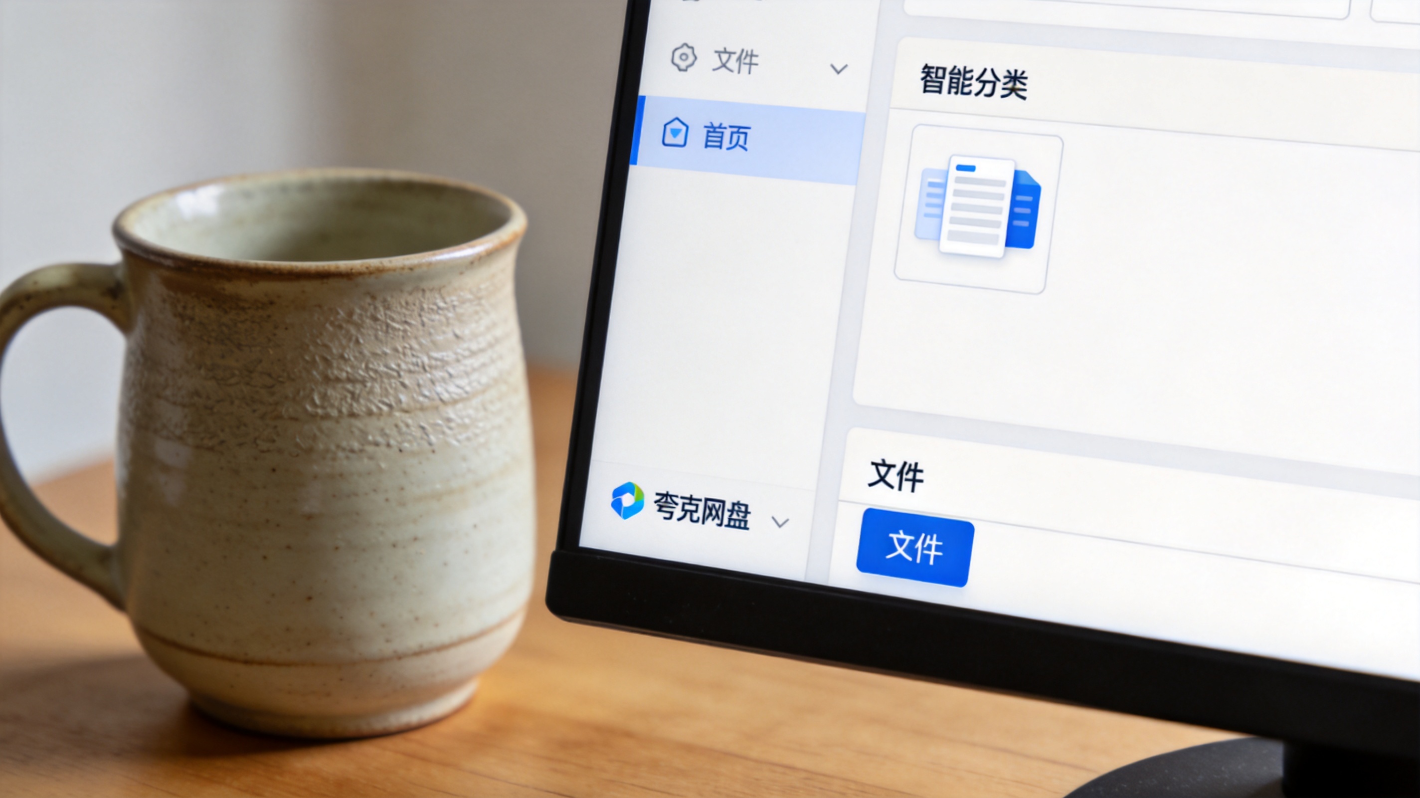 电脑桌的电脑屏幕显示夸克网盘首页，底部“文件”选项被选中，页面上方显示“智能分类”入口，旁边放着陶瓷水杯，室内自然光