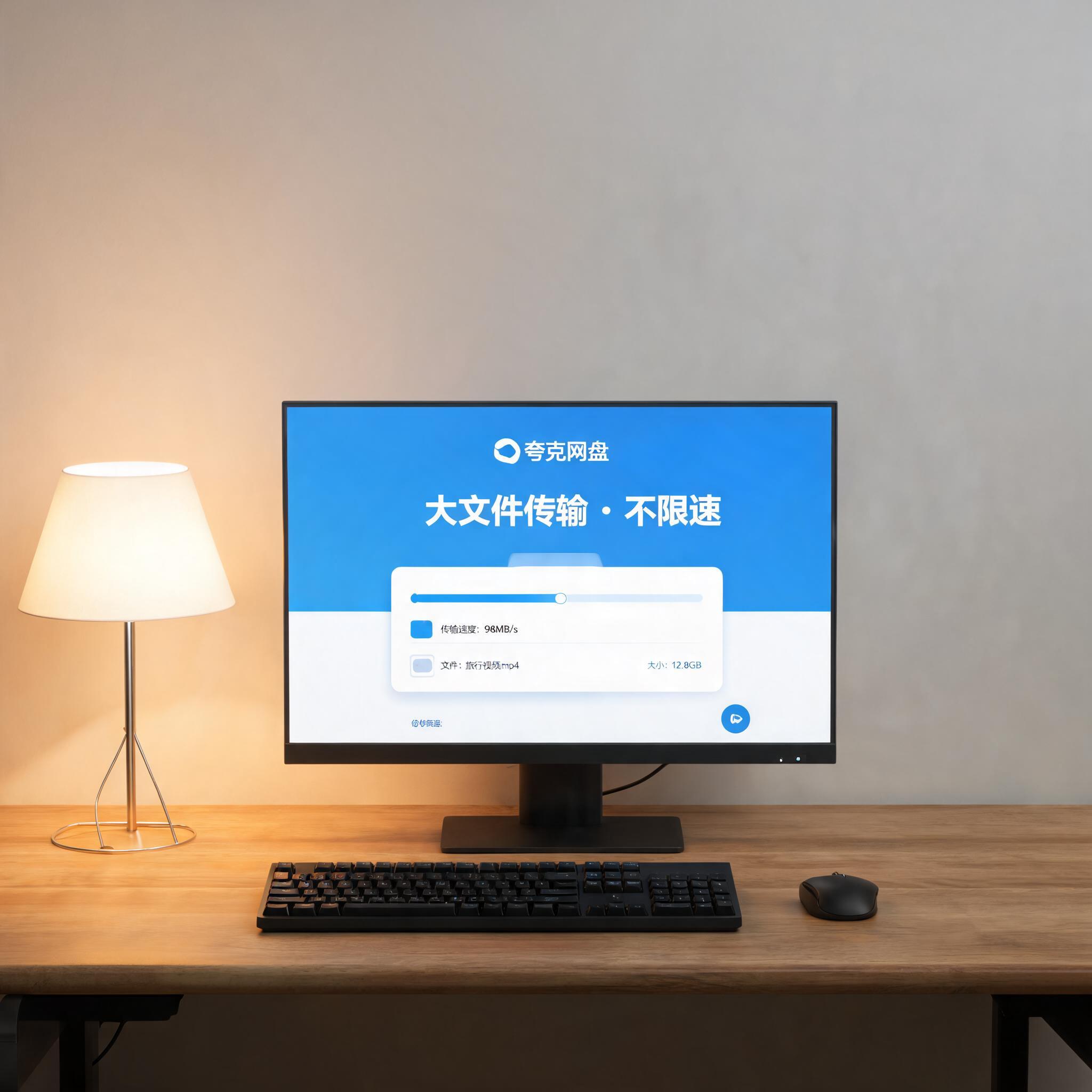 电脑桌上的电脑，屏幕显示夸克网盘大文件传输不限速界面，旁边放着台灯