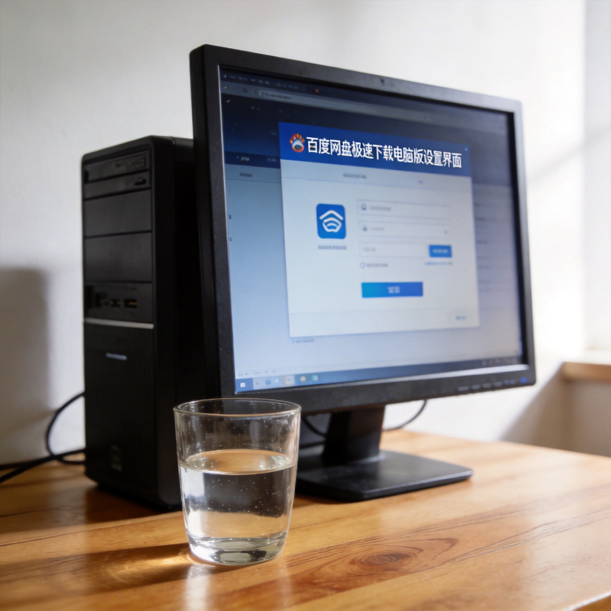 书桌上的主机，屏幕显示百度网盘极速下载电脑版设置界面，桌角放着水杯，自然光