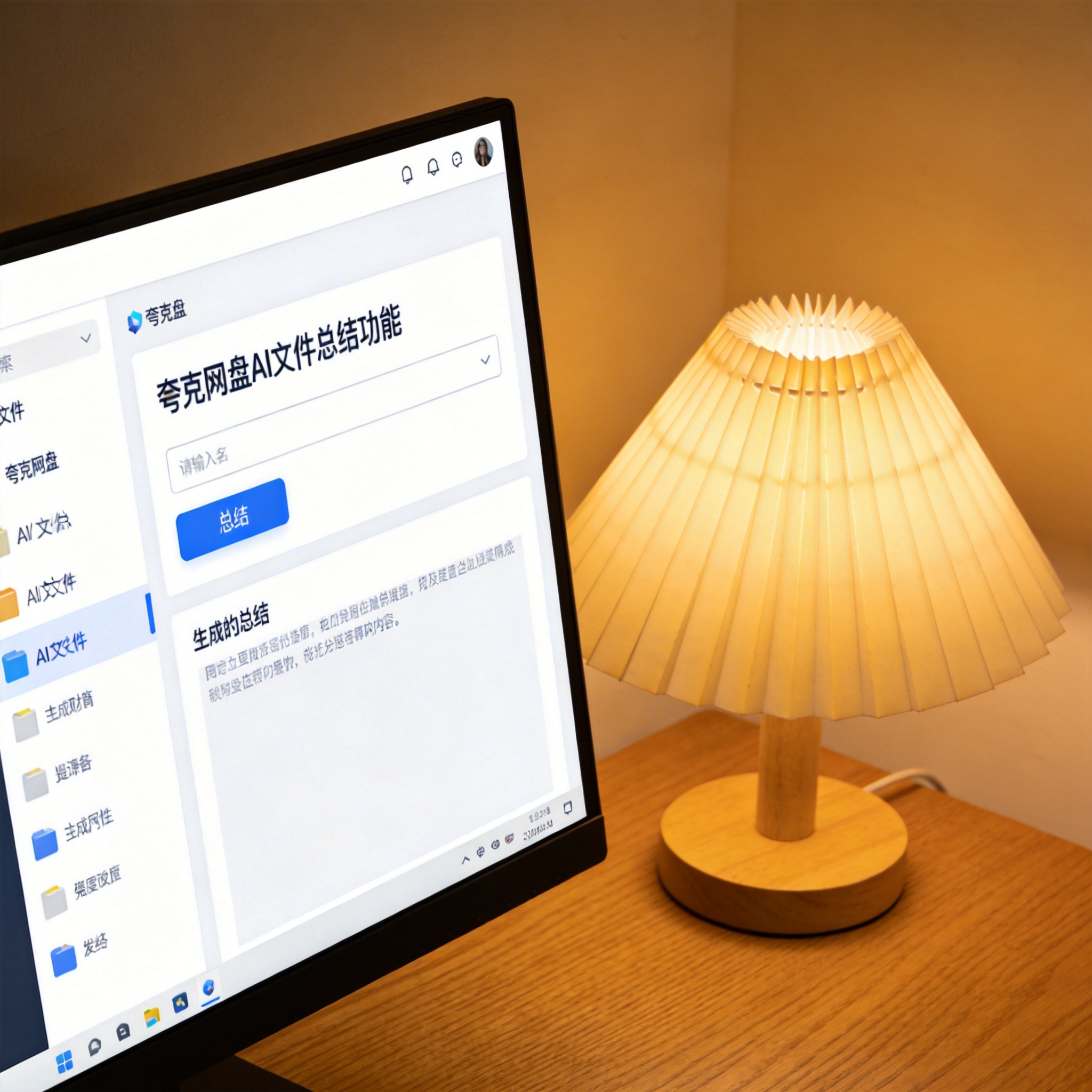 电脑桌上的电脑，屏幕显示夸克网盘 AI 文件总结功能界面，旁边放着台灯