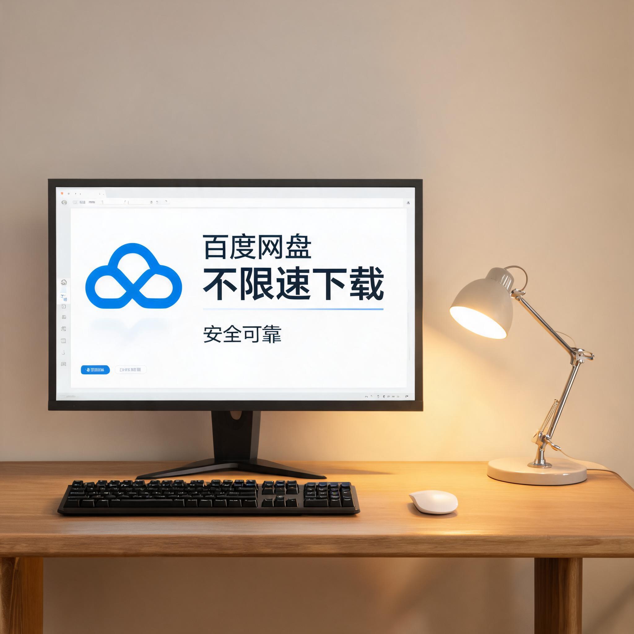 电脑桌上的电脑，屏幕显示百度网盘不限速下载安全可靠桌面，旁边放着台灯