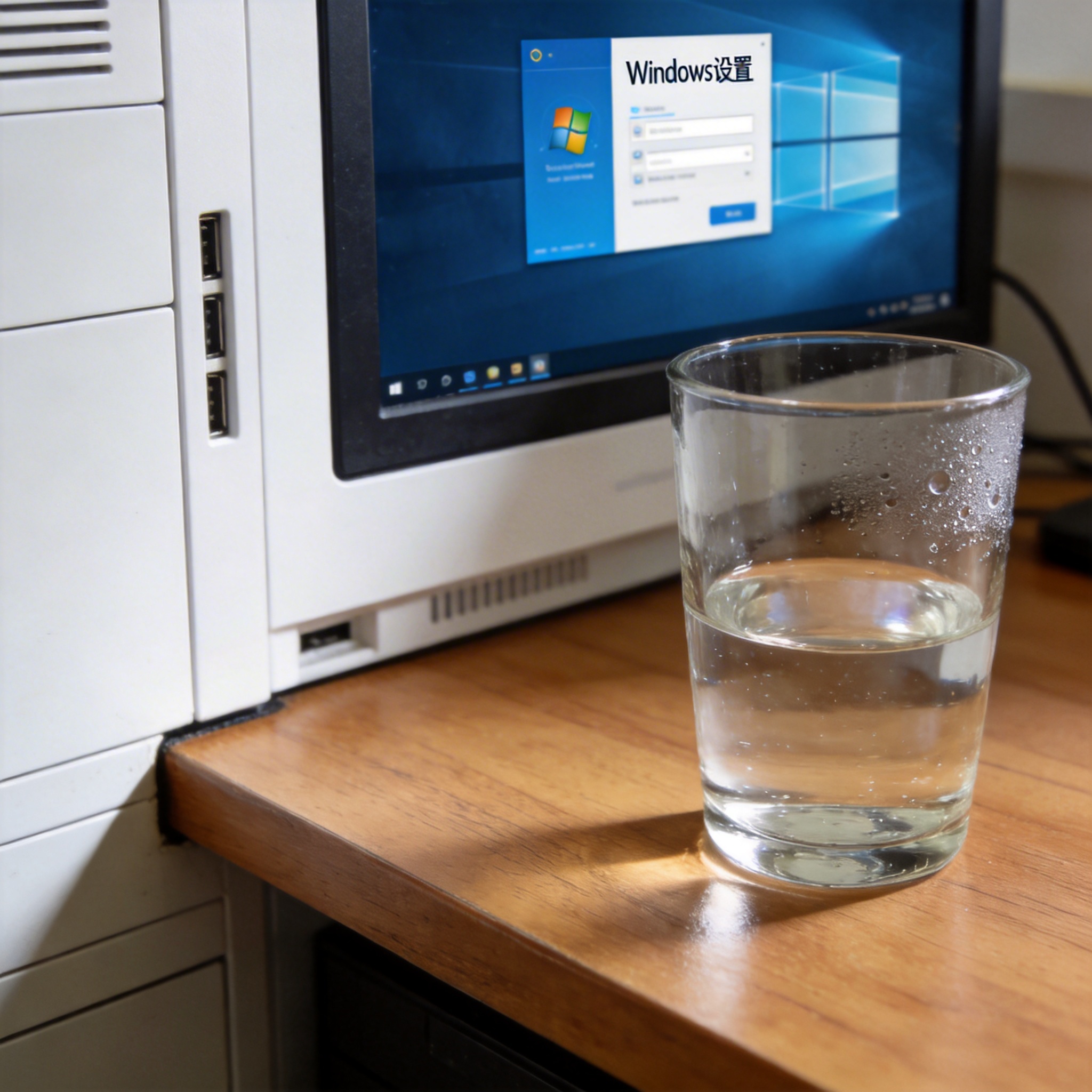 书桌上的主机，屏幕显示Windows设置界面，桌角放着水杯，自然光
