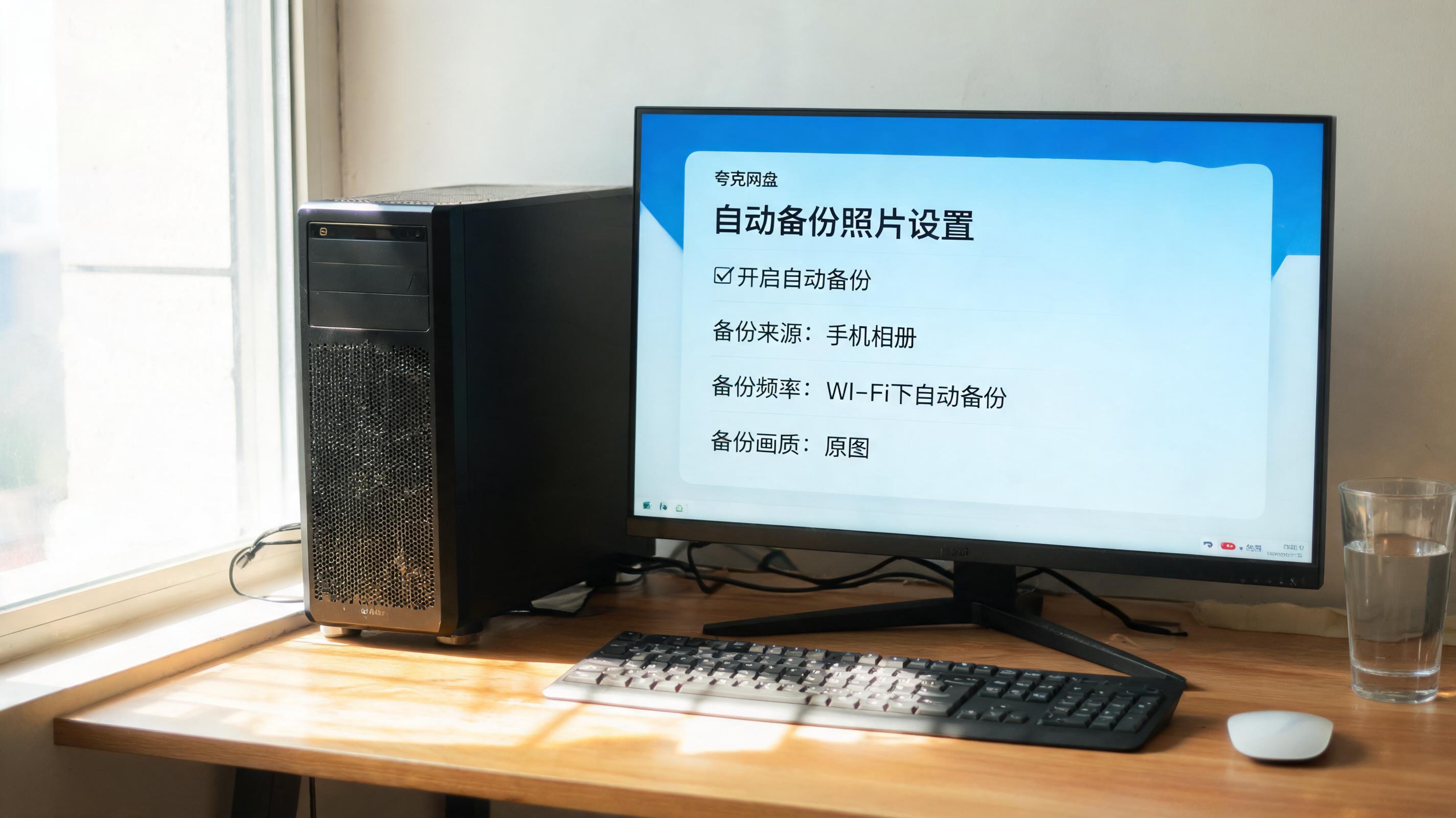 书桌上的主机，屏幕显示夸克网盘自动备份照片设置设置界面，桌角放着水杯，自然光