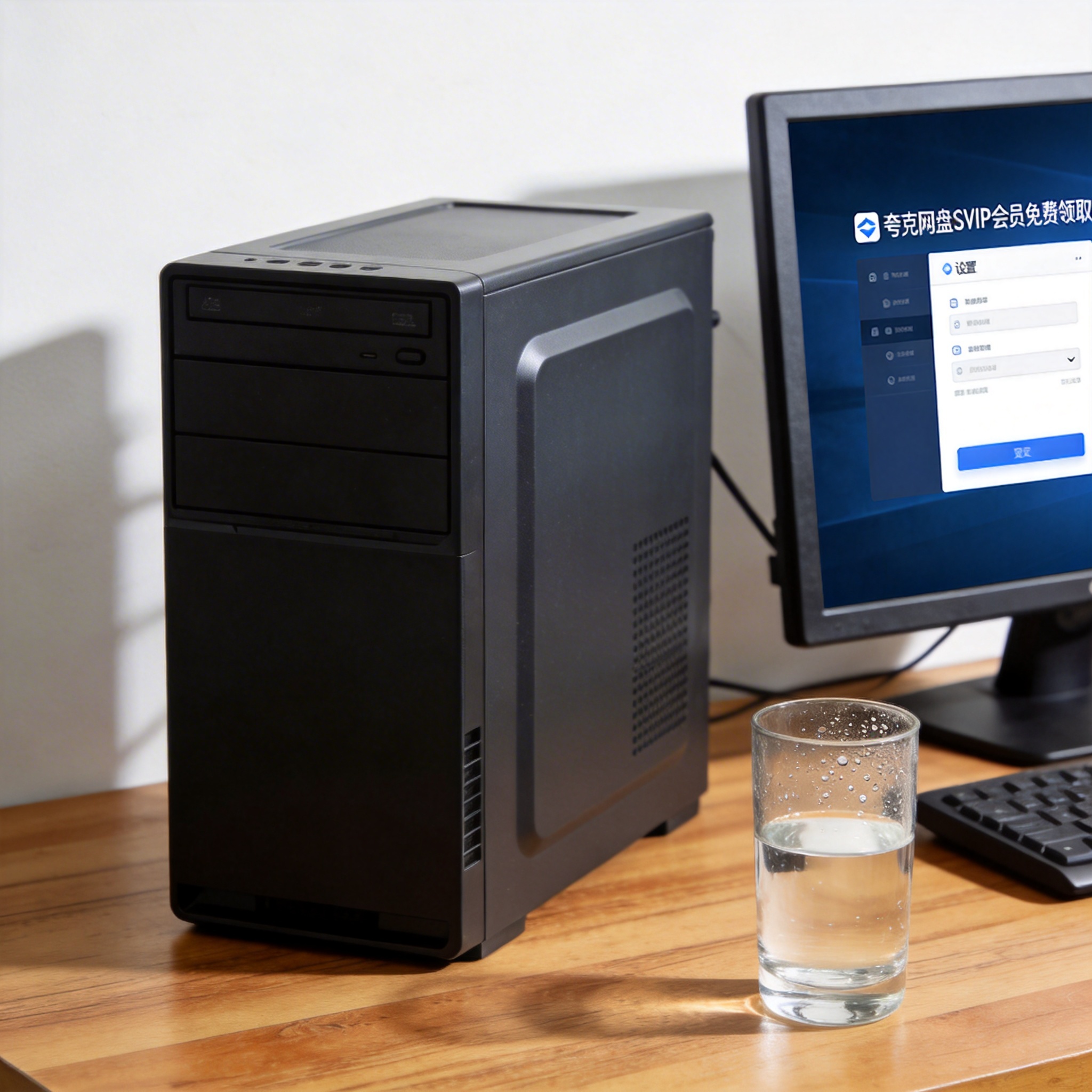 书桌上的主机，屏幕显示夸克网盘 SVIP 会员免费领取设置界面，桌角放着水杯，自然光