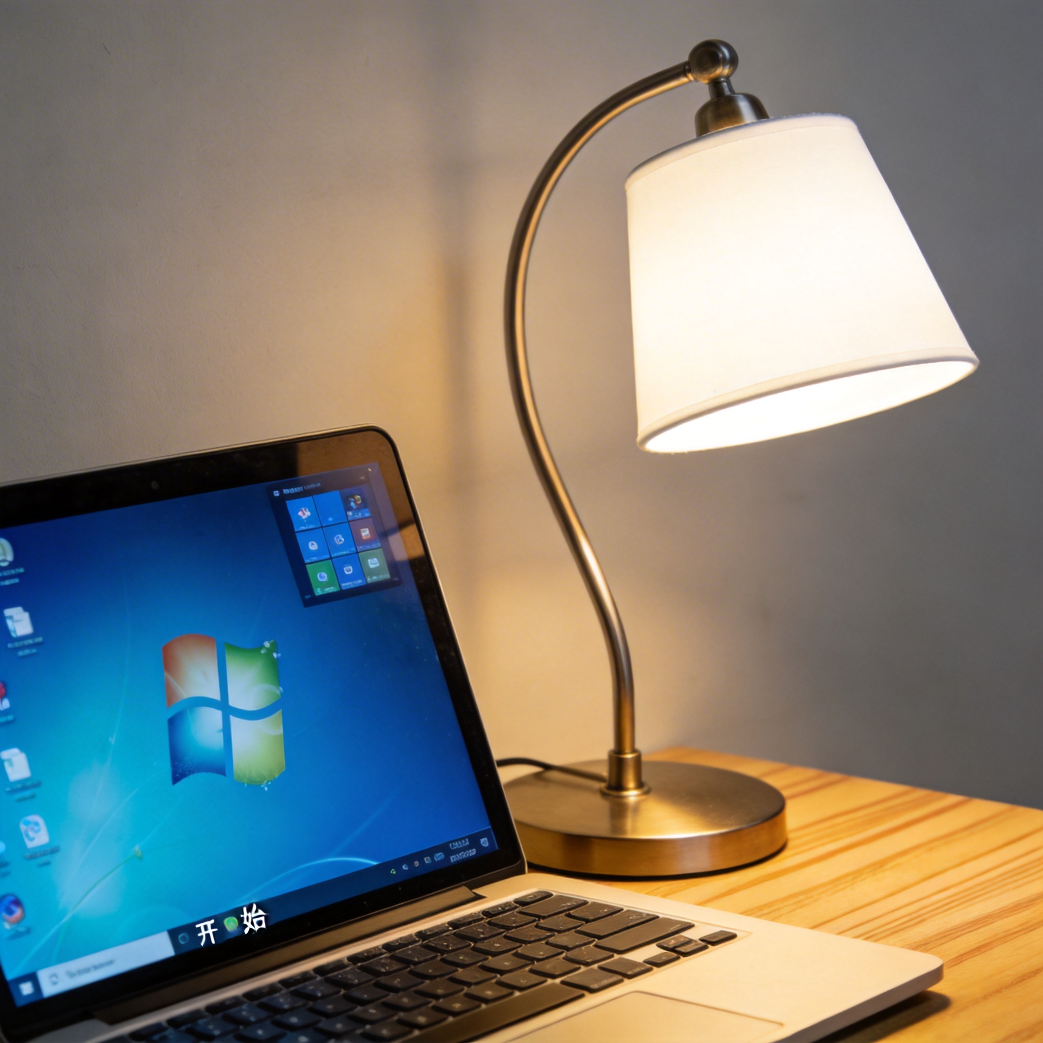 电脑桌上的电脑，屏幕显示Windows界面，旁边放着台灯