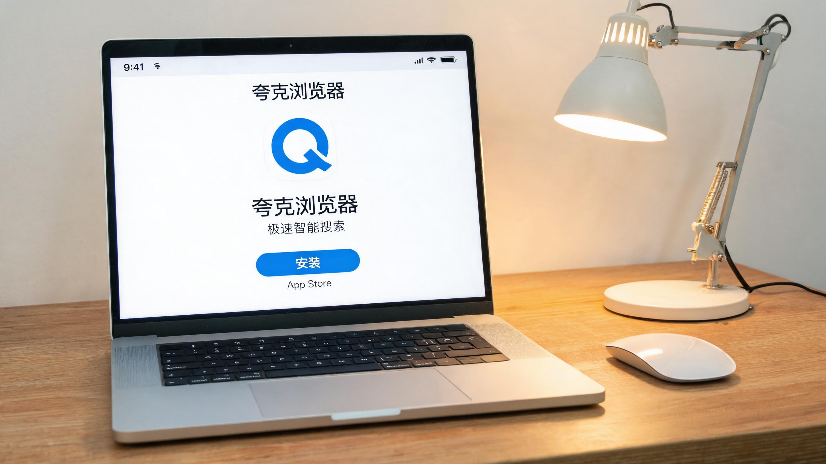 电脑桌上的电脑，屏幕显示夸克浏览器苹果 iOS 版安装界面，旁边放着台灯