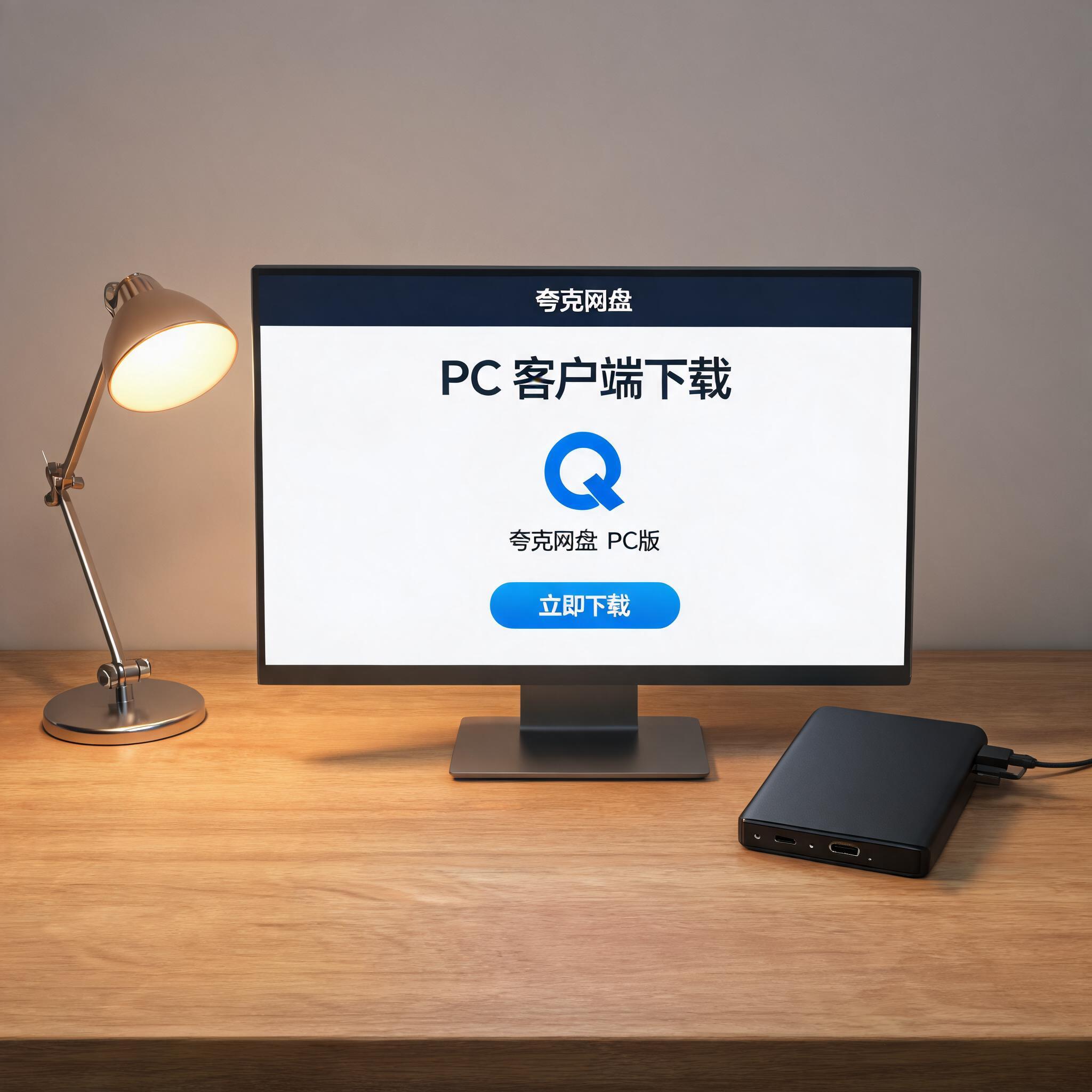 电脑桌上的硬盘，屏幕显示夸克网盘 PC 客户端下载界面，旁边放着台灯