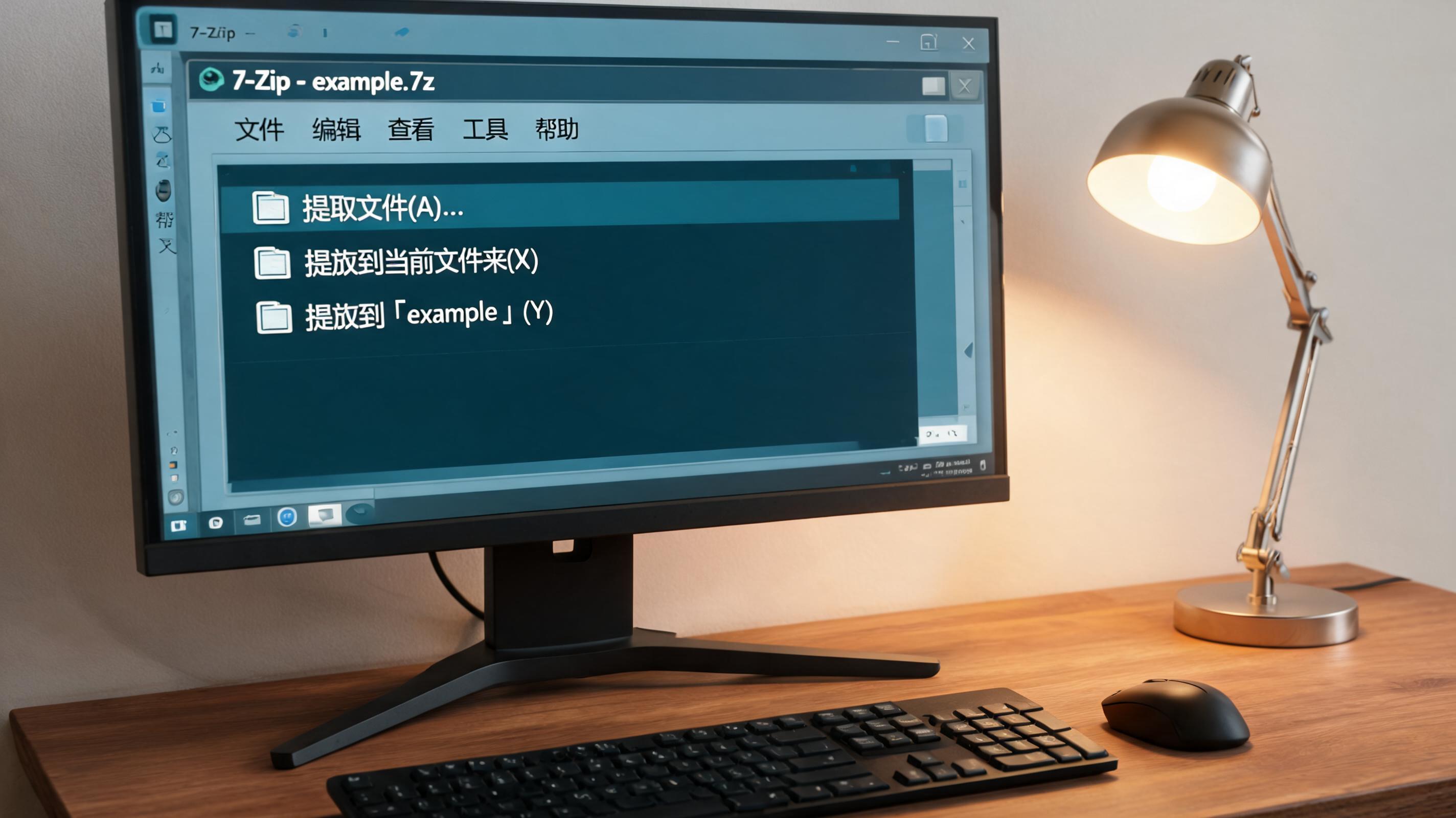 电脑桌上的电脑，屏幕显示7z 压缩文件怎么解压打开菜单，旁边放着台灯