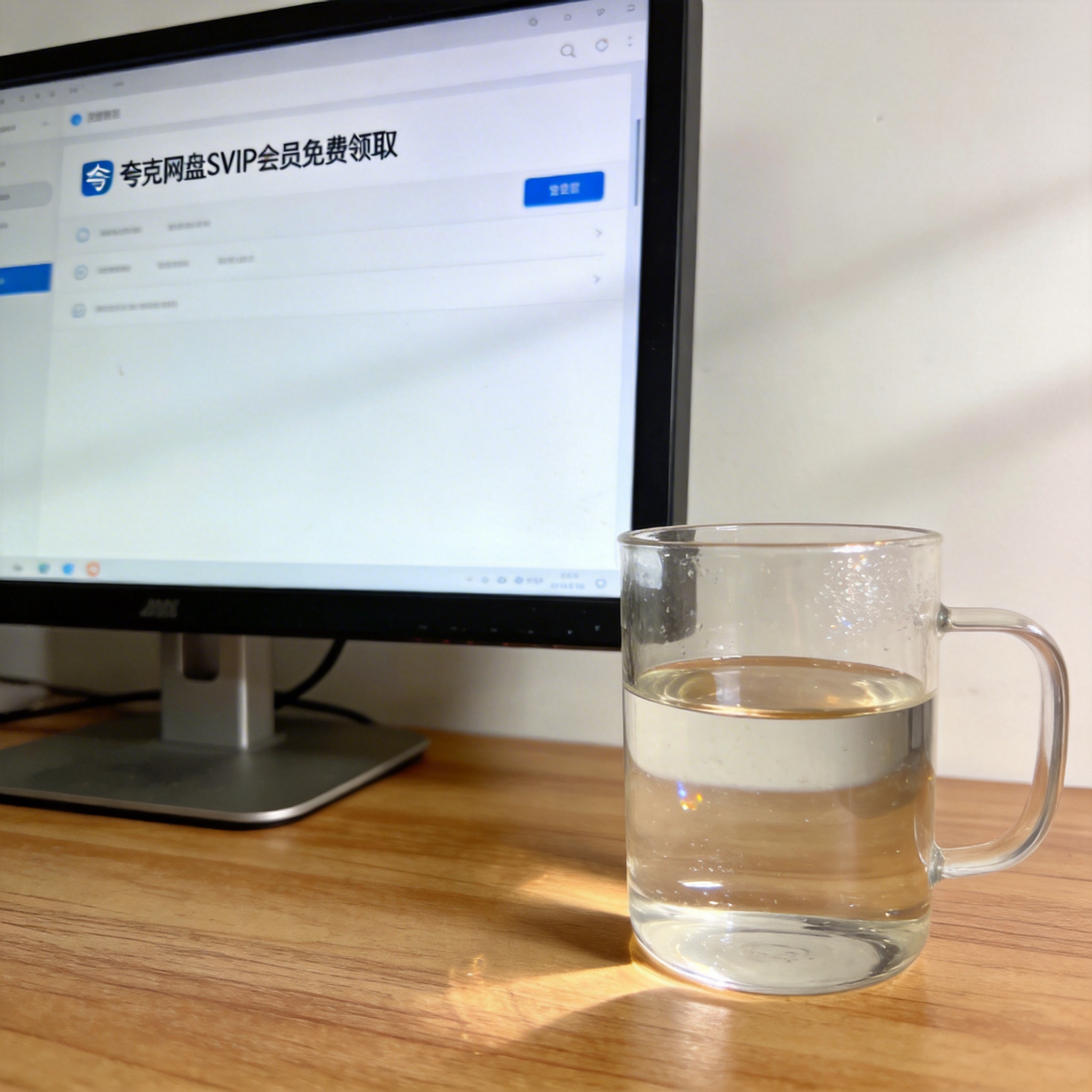 书桌上的主机，屏幕显示夸克网盘 SVIP 会员免费领取设置界面，桌角放着水杯，自然光