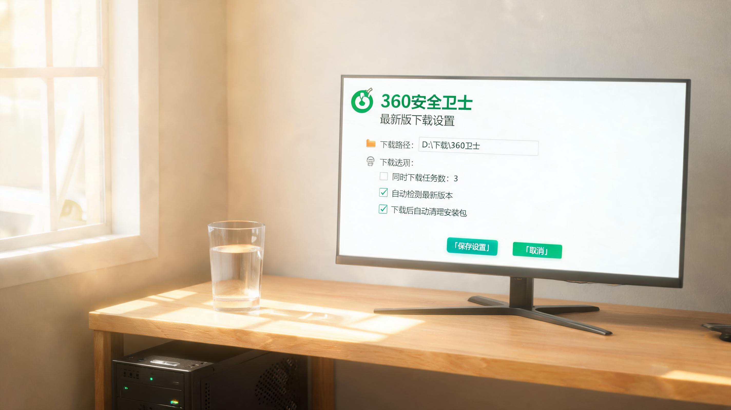 书桌上的主机，屏幕显示360 卫士最新版下载设置界面，桌角放着水杯，自然光