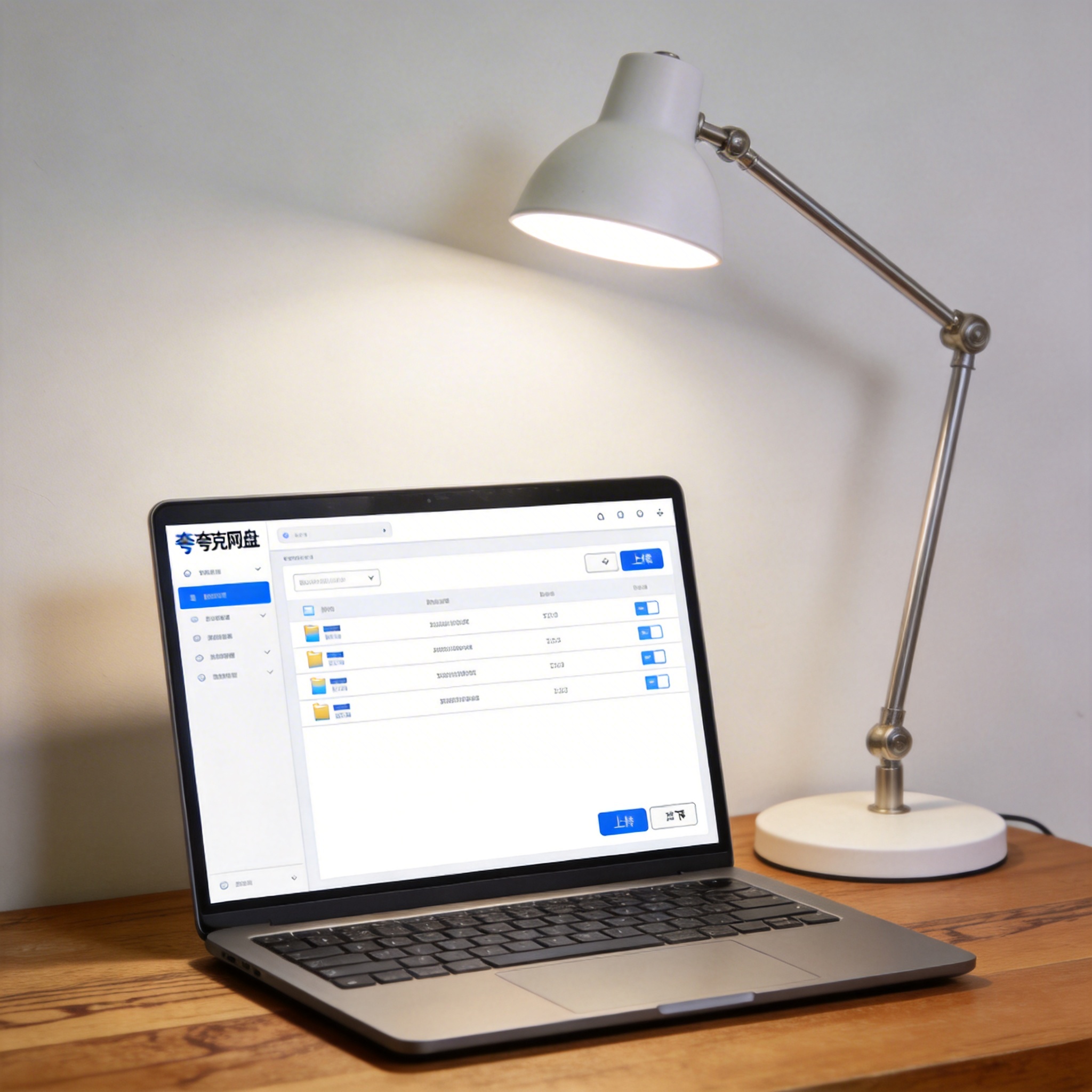 电脑桌上的电脑，屏幕显示夸克网盘界面，旁边放着台灯
