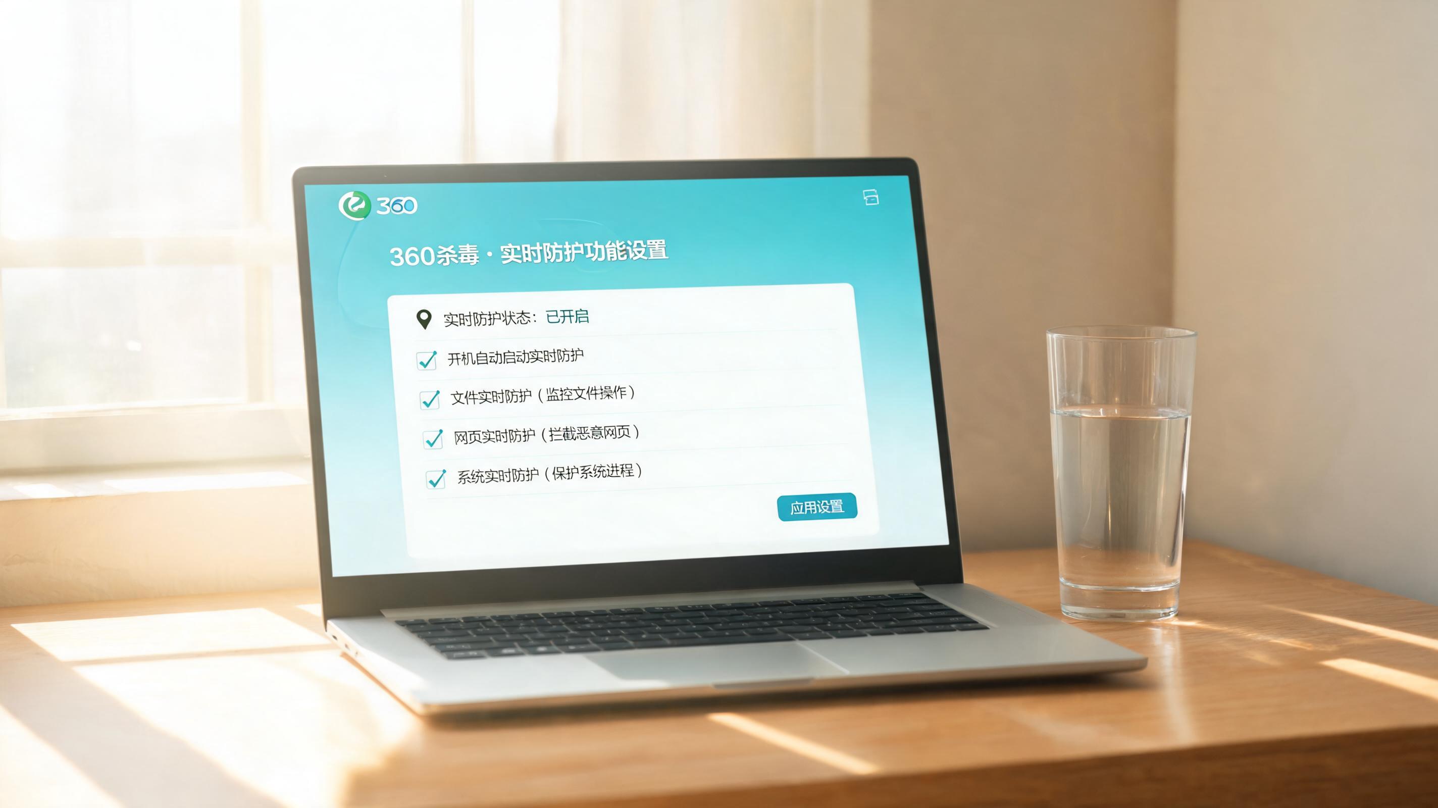 书桌上的电脑，屏幕显示360 杀毒实时防护功能设置界面，桌角放着水杯，自然光