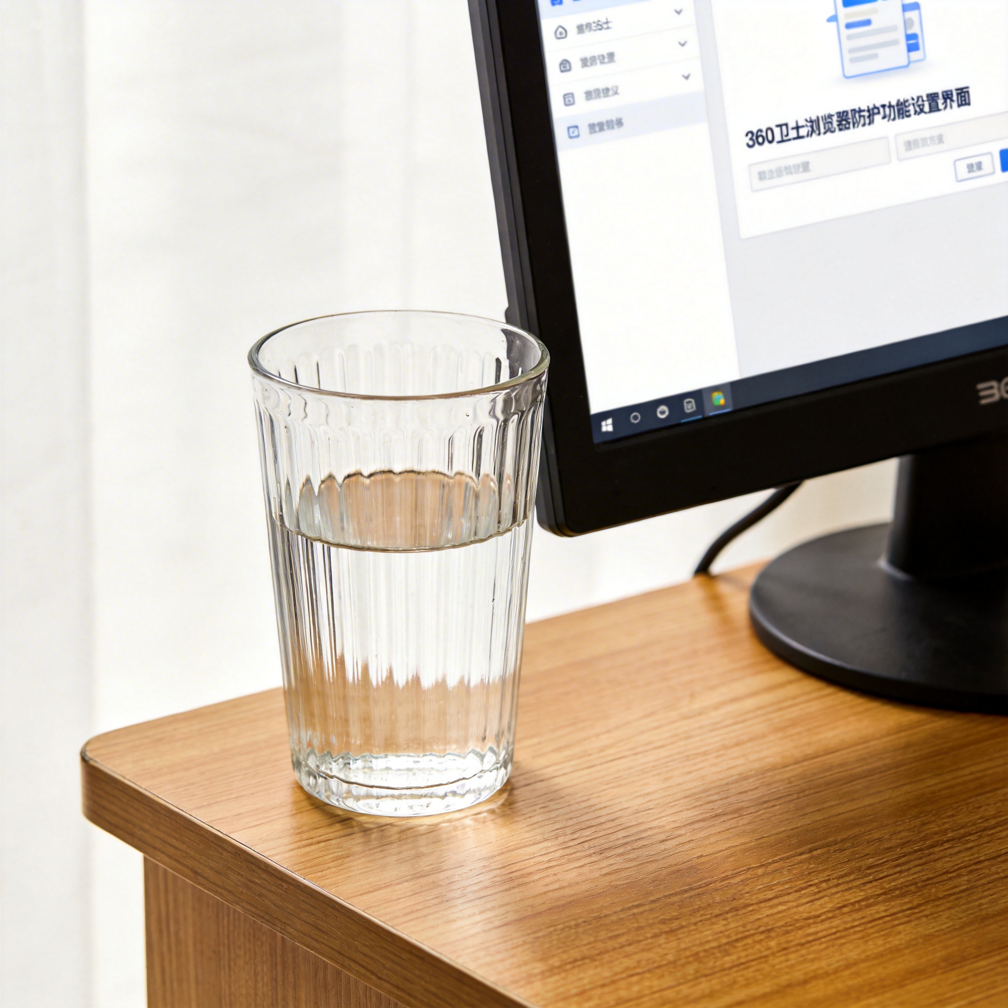 书桌上的主机，屏幕显示360 卫士浏览器防护功能设置界面，桌角放着水杯，自然光