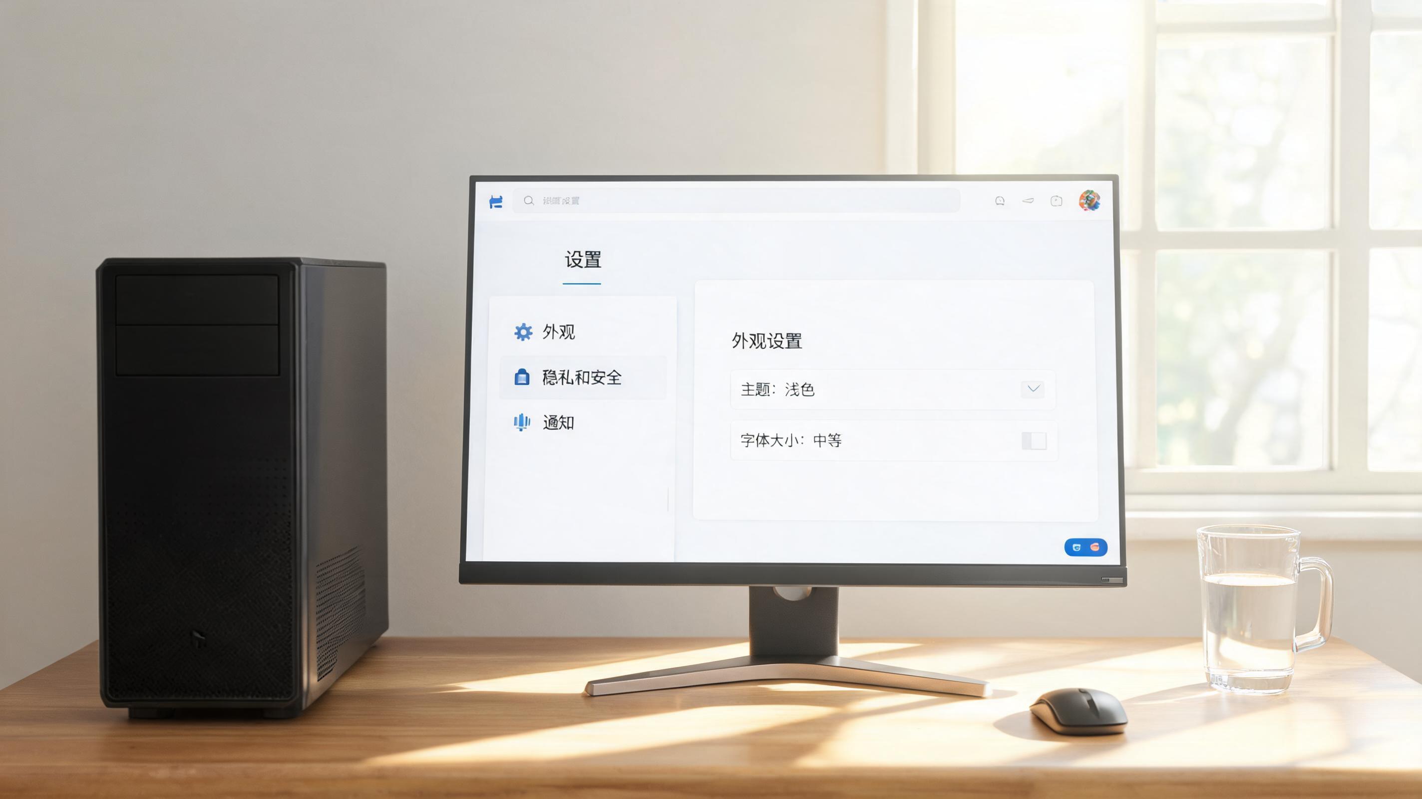 书桌上的主机，屏幕显示浏览器设置界面，桌角放着水杯，自然光