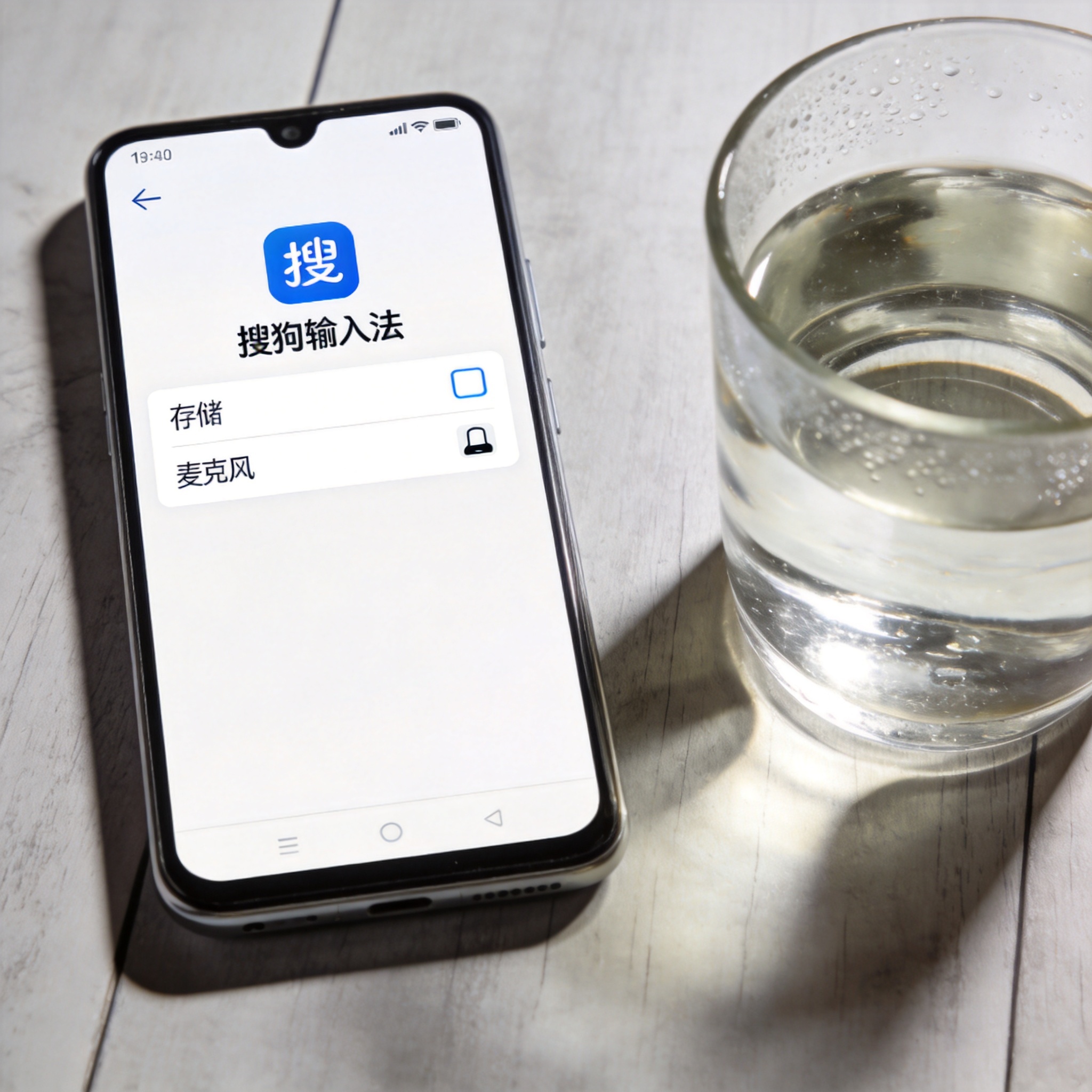 桌面的安卓手机屏幕显示搜狗输入法安卓版的权限设置页面，仅勾选存储和麦克风权限，旁边有半杯温水