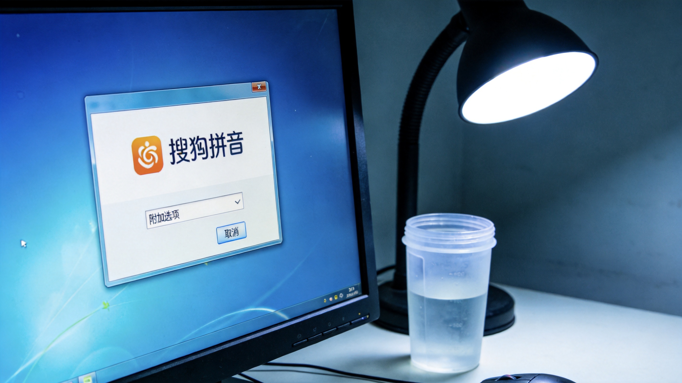 电脑屏幕显示搜狗拼音安装界面，界面上有附加选项取消框，旁边的桌面放着普通塑料水杯，台灯冷光