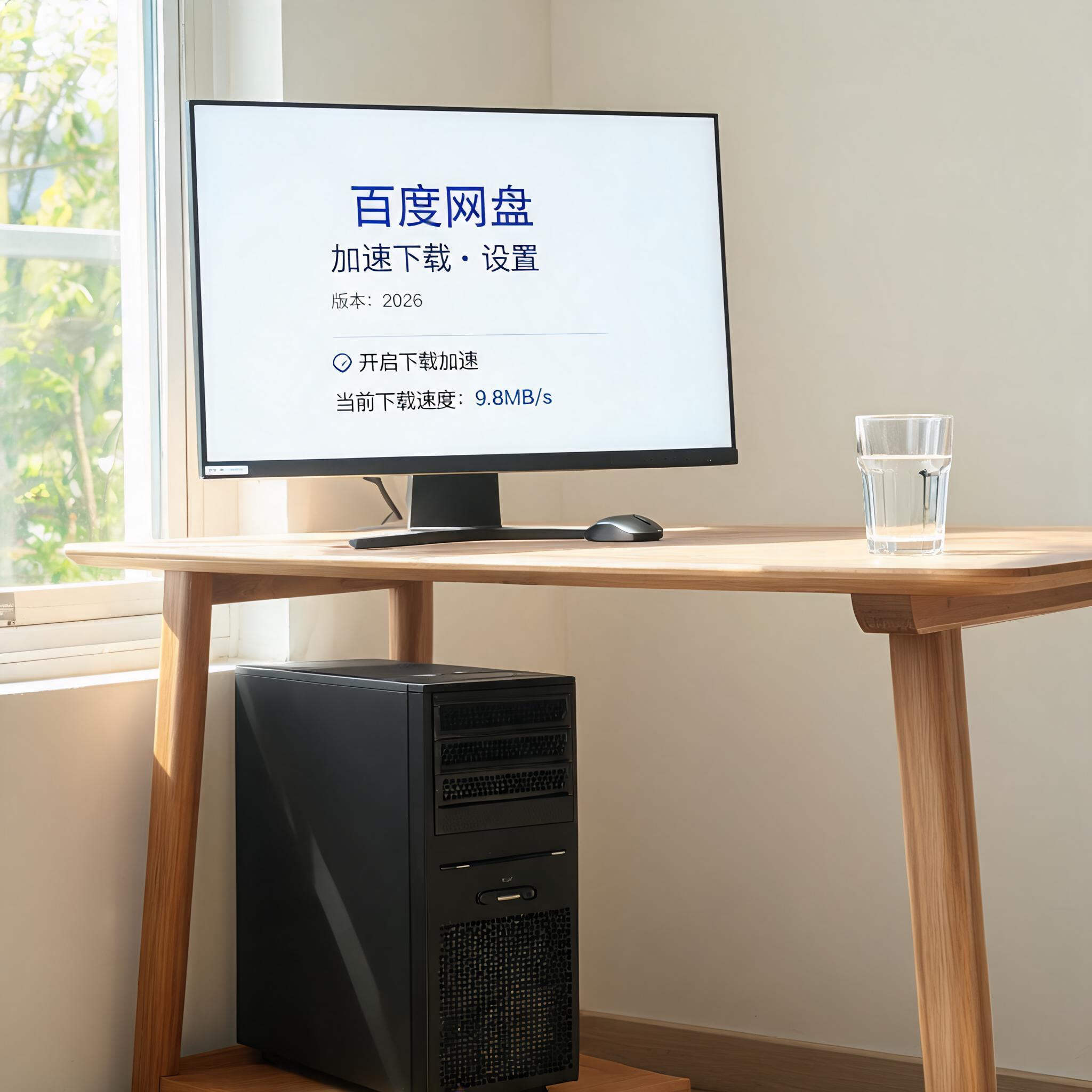 书桌上的主机，屏幕显示百度网盘加速下载 2026设置界面，桌角放着水杯，自然光
