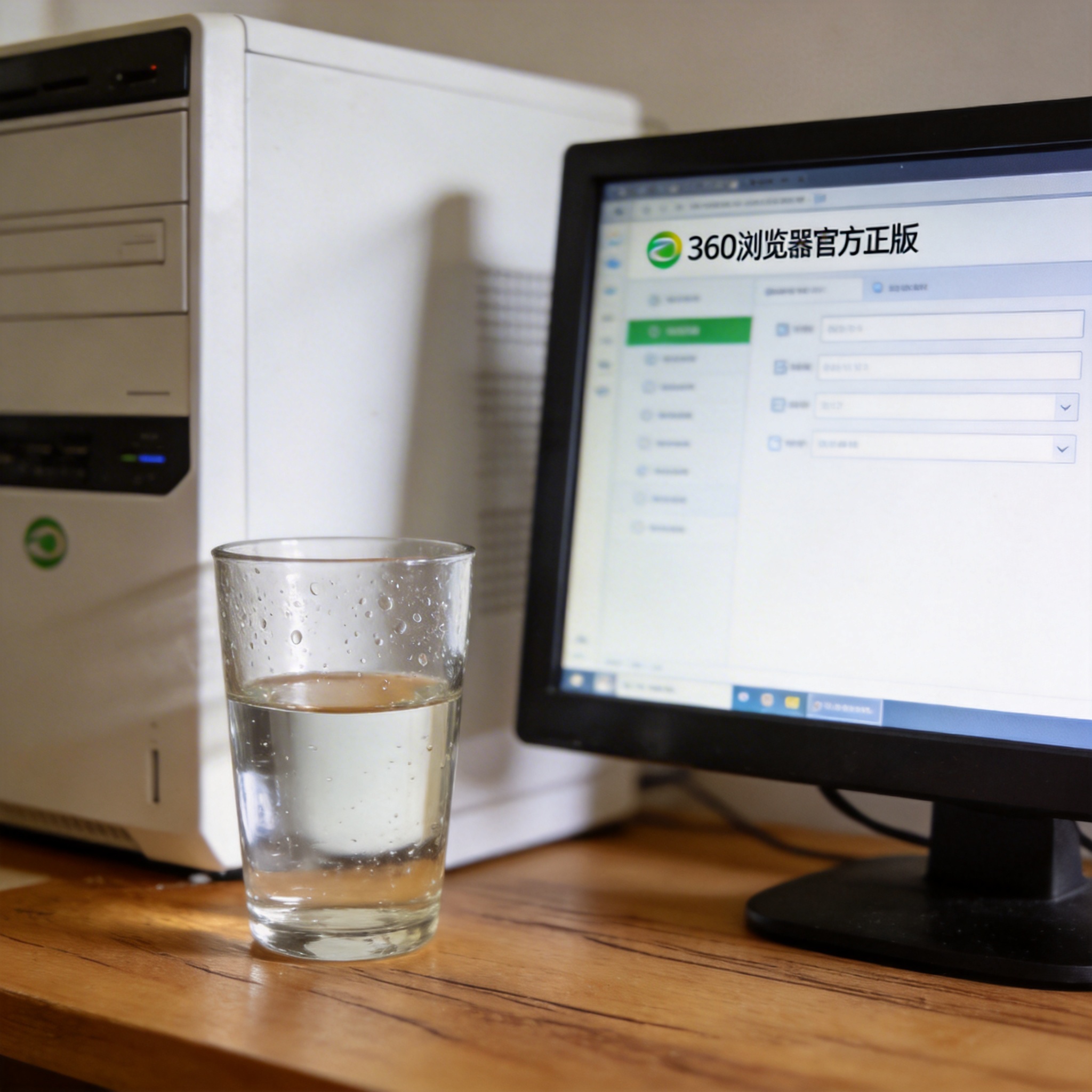 书桌上的主机，屏幕显示360 浏览器官方正版设置界面，桌角放着水杯，自然光