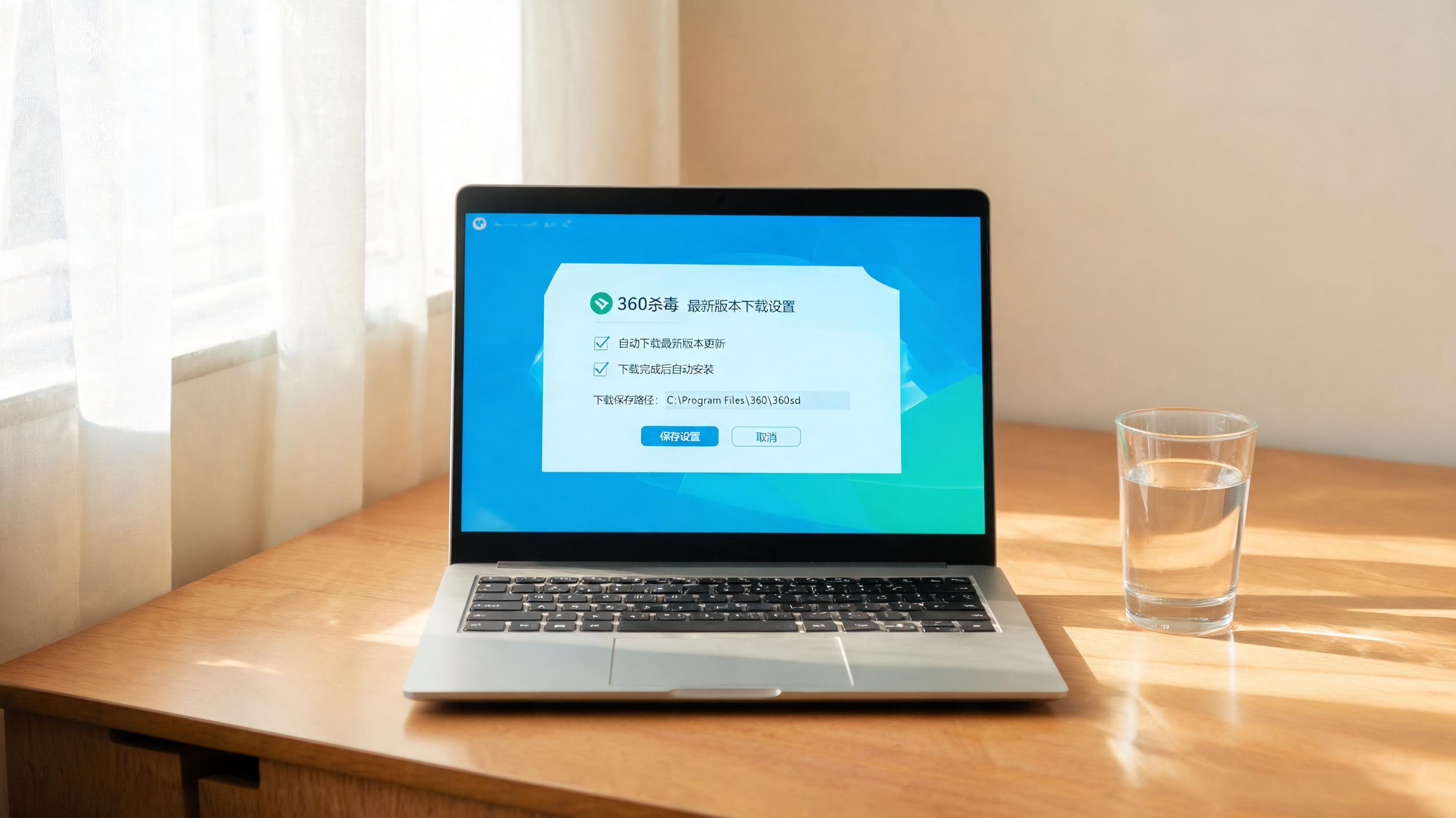 书桌上的电脑，屏幕显示360 杀毒最新版本下载设置界面，桌角放着水杯，自然光