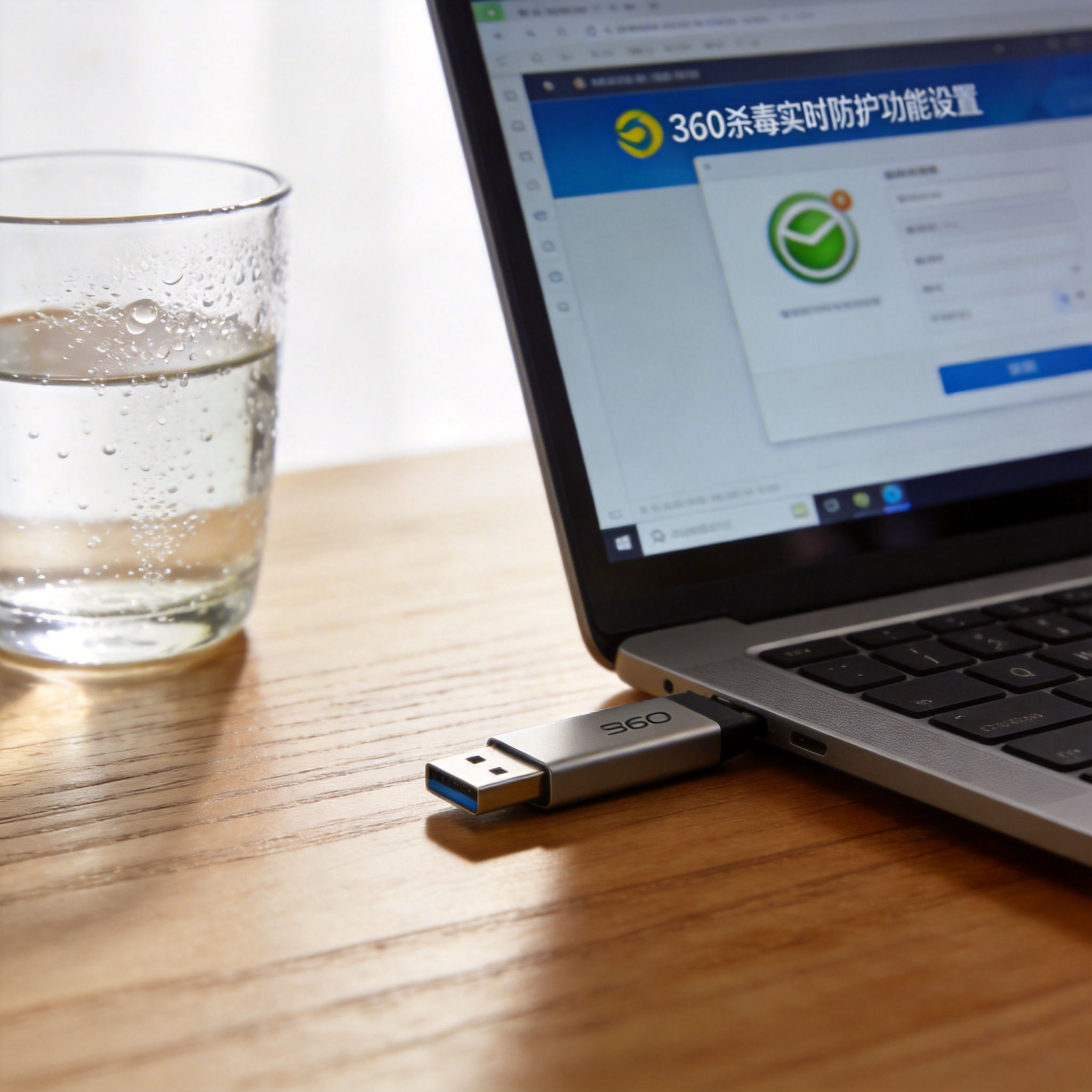 书桌上的U盘，屏幕显示360 杀毒实时防护功能设置界面，桌角放着水杯，自然光