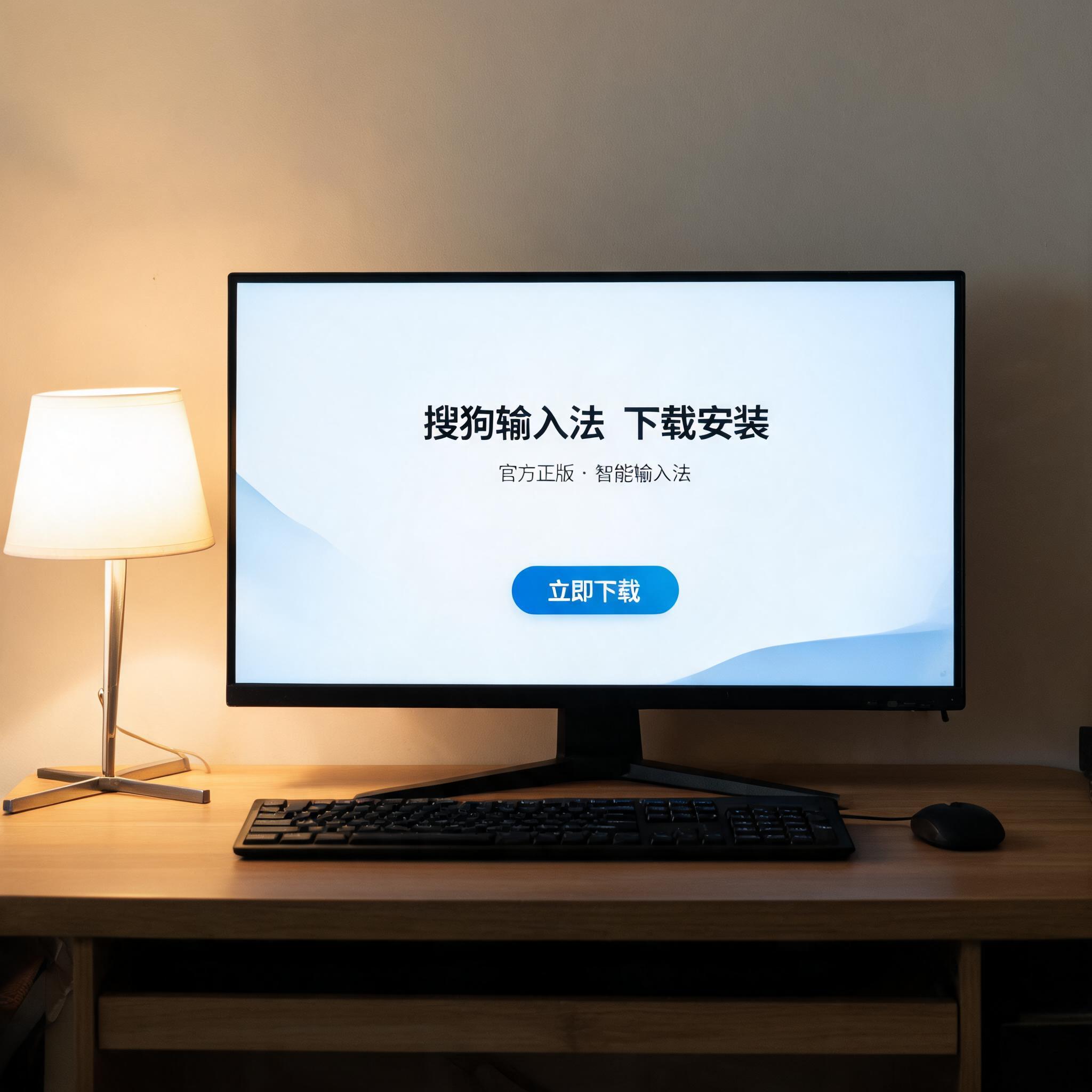 电脑桌上的电脑，屏幕显示电脑搜狗输入法下载安装界面，旁边放着台灯