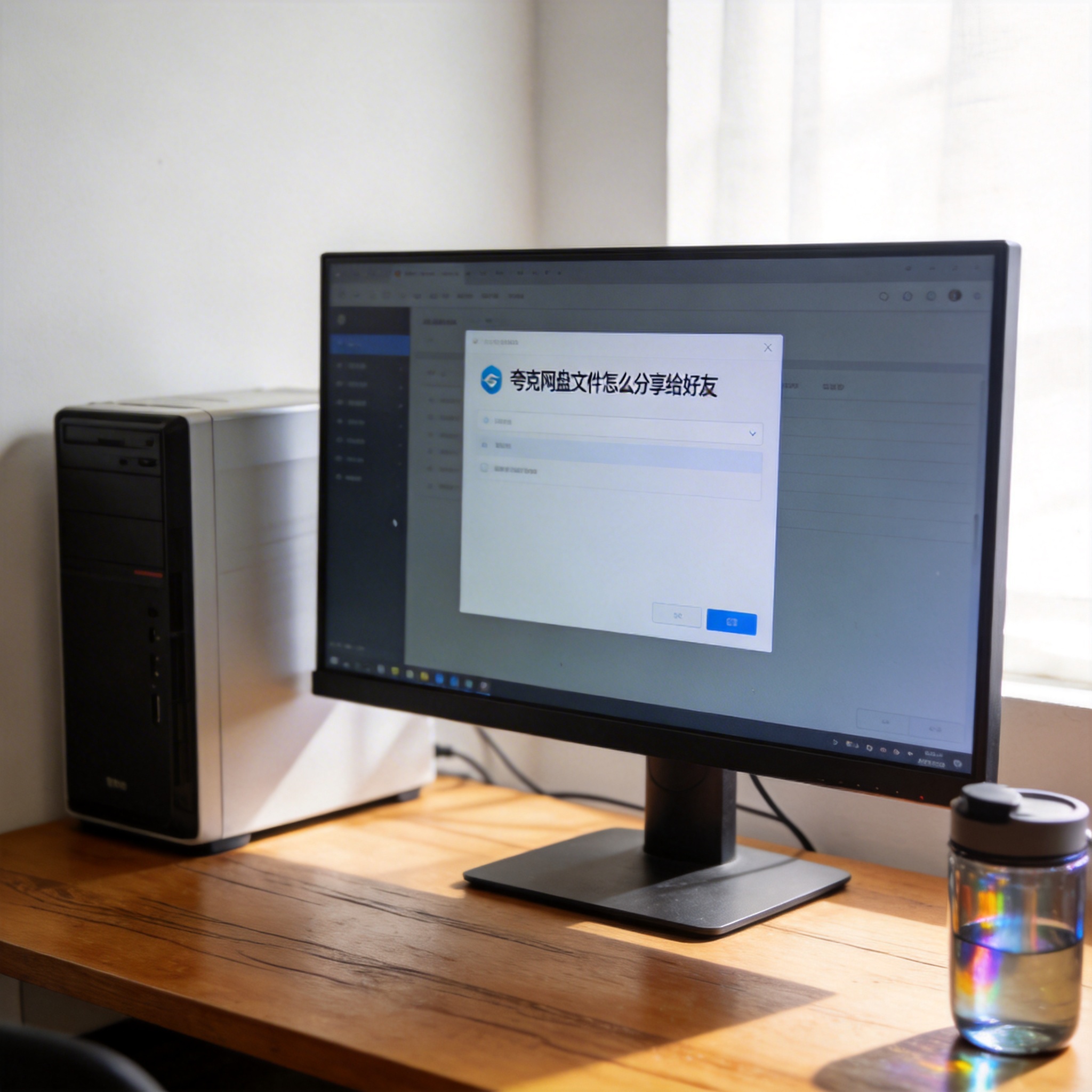 书桌上的主机，屏幕显示夸克网盘文件怎么分享给好友设置界面，桌角放着水杯，自然光