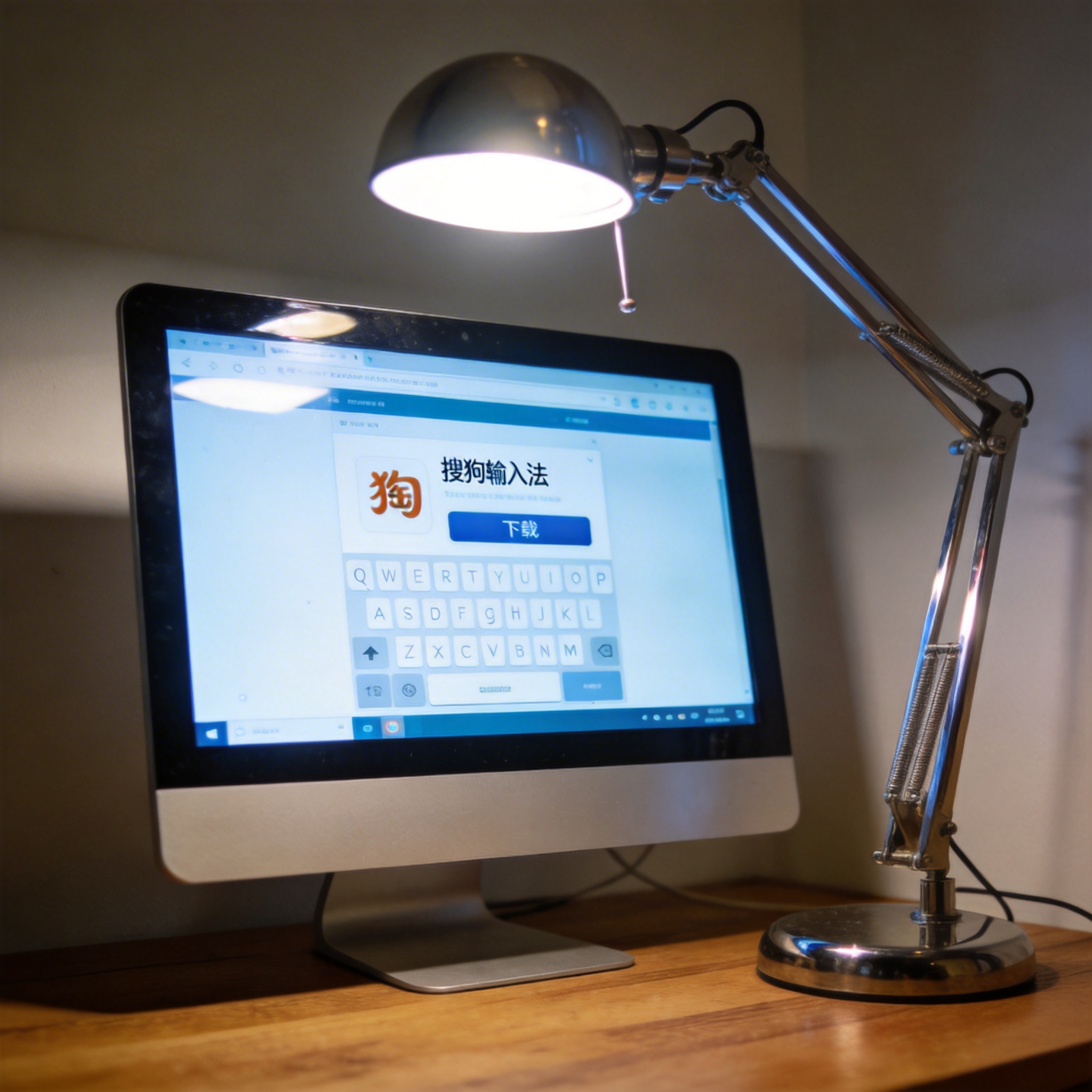 电脑桌上的电脑，屏幕显示移动端搜狗输入法下载界面，旁边放着台灯