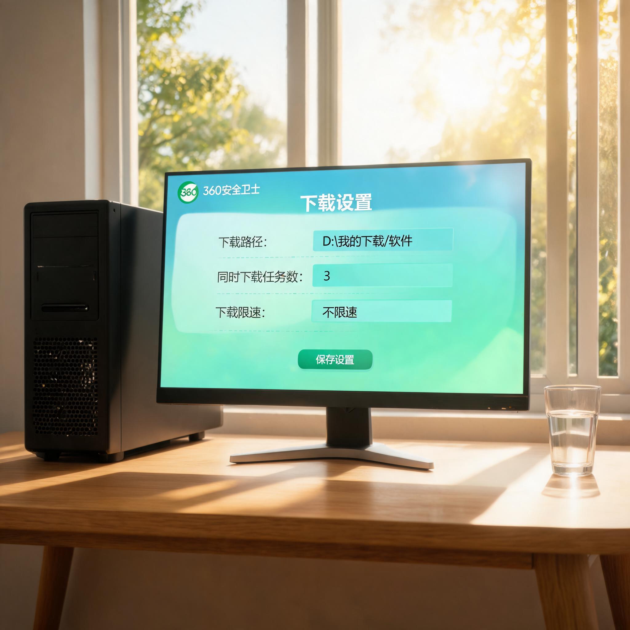 书桌上的主机，屏幕显示360 安全卫士电脑版下载设置界面，桌角放着水杯，自然光
