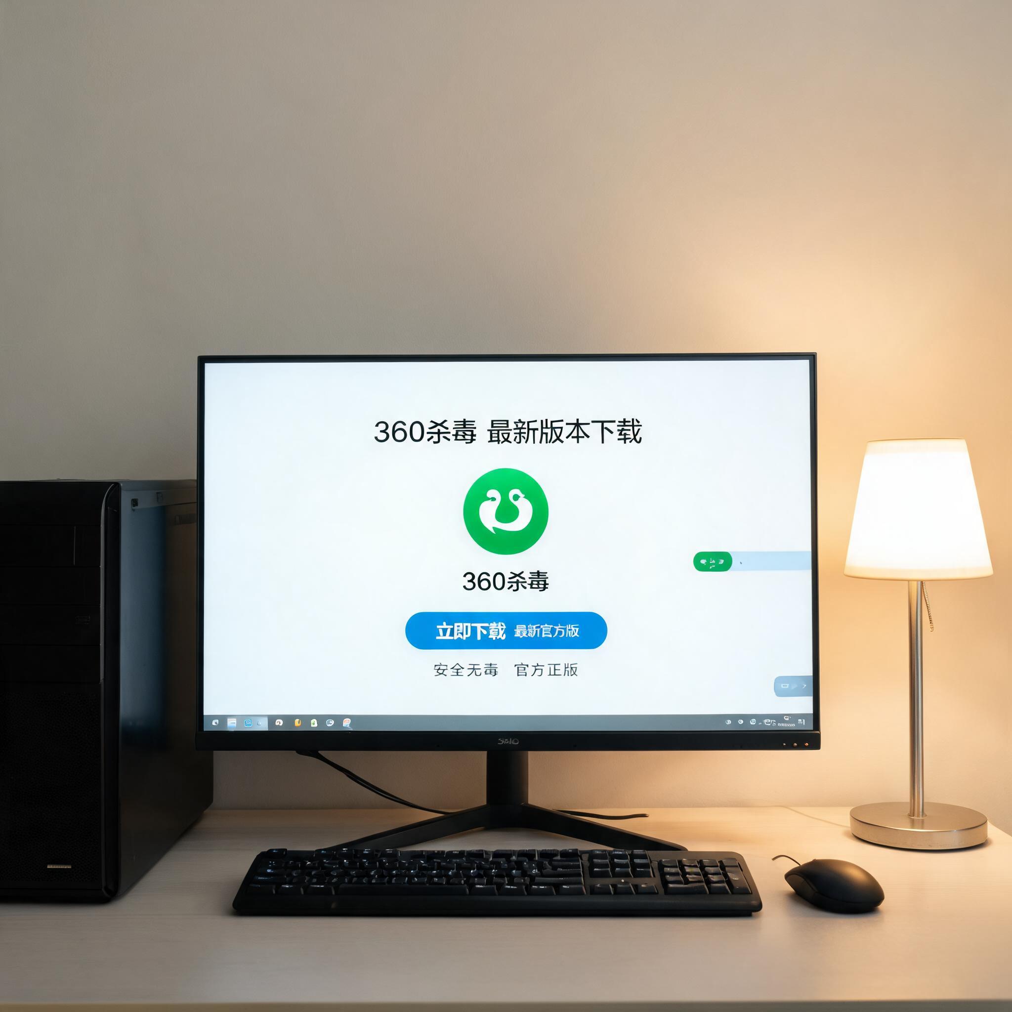 电脑桌上的台式机，屏幕显示360 杀毒最新版本下载界面，旁边放着台灯