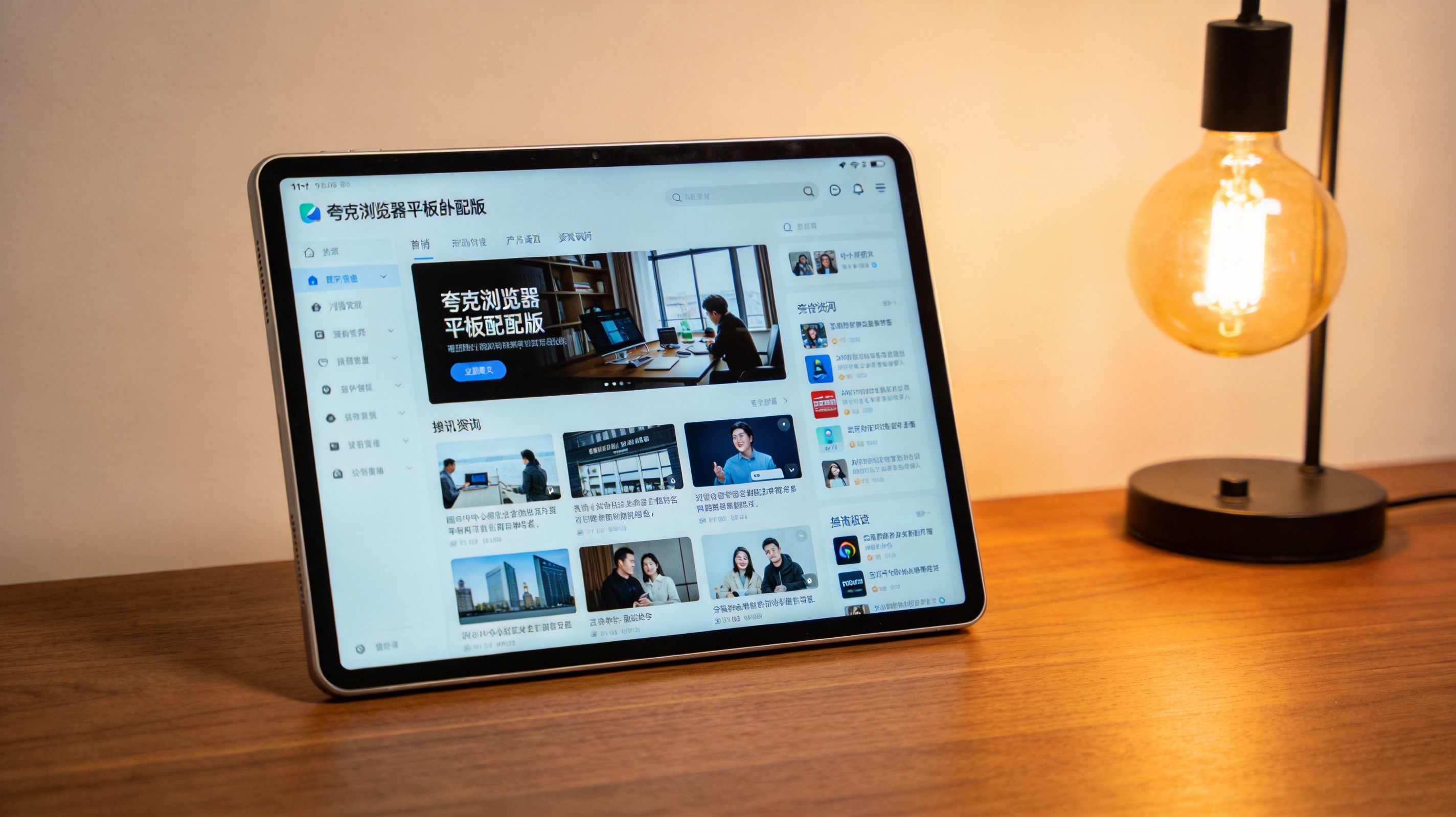 桌面的11英寸平板，屏幕显示夸克浏览器平板适配版的资讯页面，排版适配平板屏幕宽度，台灯暖光